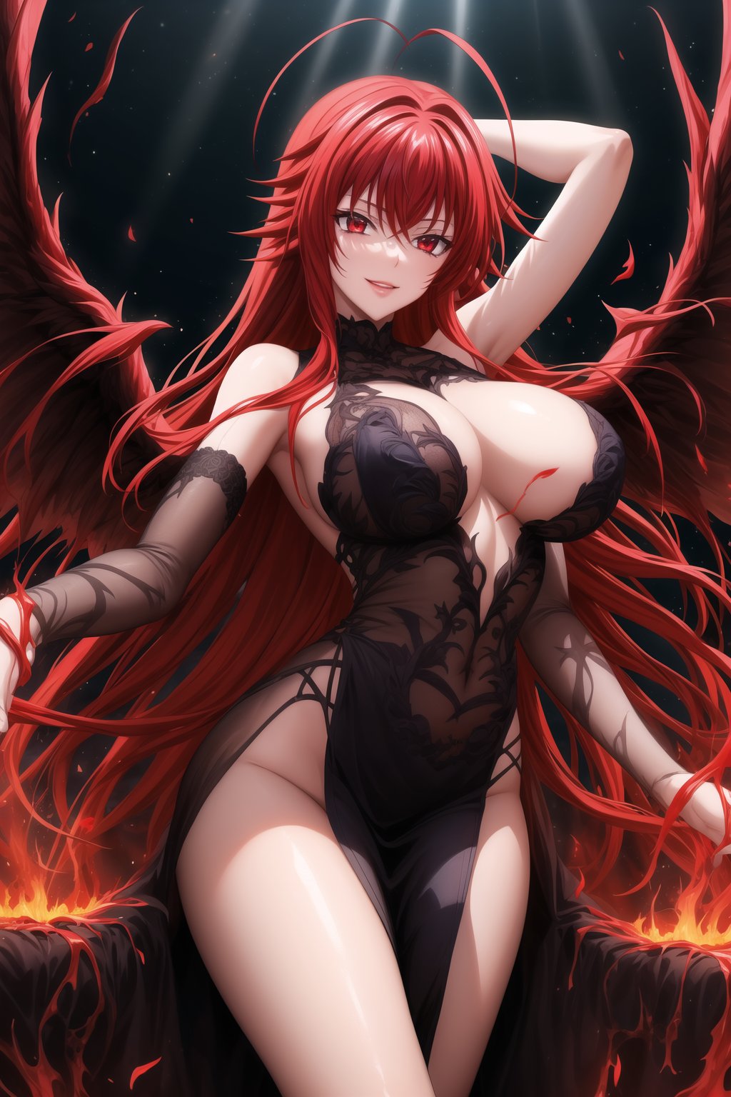 (best quality), (highly detailed), masterpiece, (official art), Rias Gremory as a malevole demon , lips evil smile, with long flowing red hair and a delicate ahoge, darkness black wings spread wide behind her. She is wearing a intricatr, elegant black gown that flows gracefully around her, softly billowing as she floats in the hell. Rias stands with her arms,as if welcoming you with a violento and demonic presence, her red eyes. Rays of dark light shine down from the heavens, illuminating her figure, while she hovers among soft, glowing fire. The hell with red rays breaking through, creating atmosphere. Her wings emit a darkness, ethereal light, adding to her demonic presence.