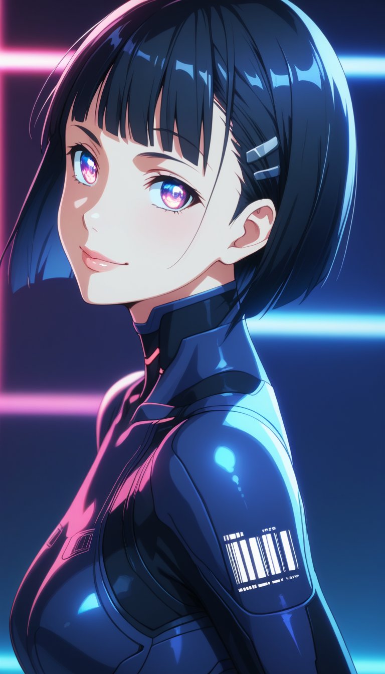 score_9, score_8_up, score_7_up, intricate details, suguha, short hair, black hair, bob cut, hairclip, hair ornament, blunt bangs, lips, smile, pose, bodysuit, cowboy shot, angle, femobt,Remodeling, pink eyes, blue eyes, glowing eyes, android, barcode,blue lips,,StandingAtAttention,cyberpunk