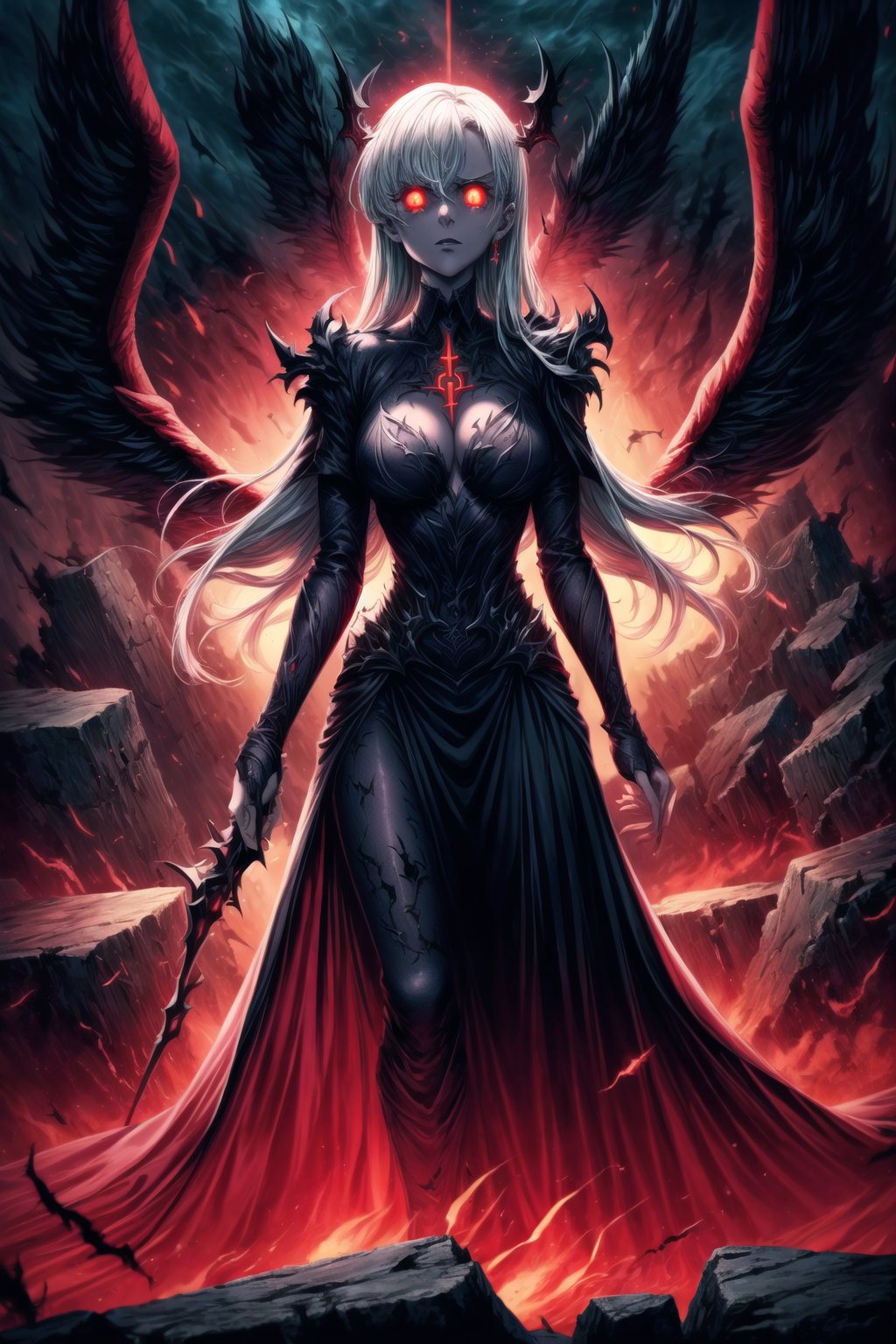 Elizabeth, white hair, lips, ruler of hell, black wings,darkness wings,wings,demon wings,stands as a malevolent dictator, her long hair flowing like darkness itself, gradient from white to dark, framing her cold gaze. Her elaborate gown, adorned with sinister symbols and glowing red accents, reflects her dominance and cruelty. The background features a hellish landscape: rivers of lava, jagged rocks, tormented souls, and dark clouds with lightning. Eerie, red and black glows illuminate the scene, capturing the dark and oppressive atmosphere of her dominion.