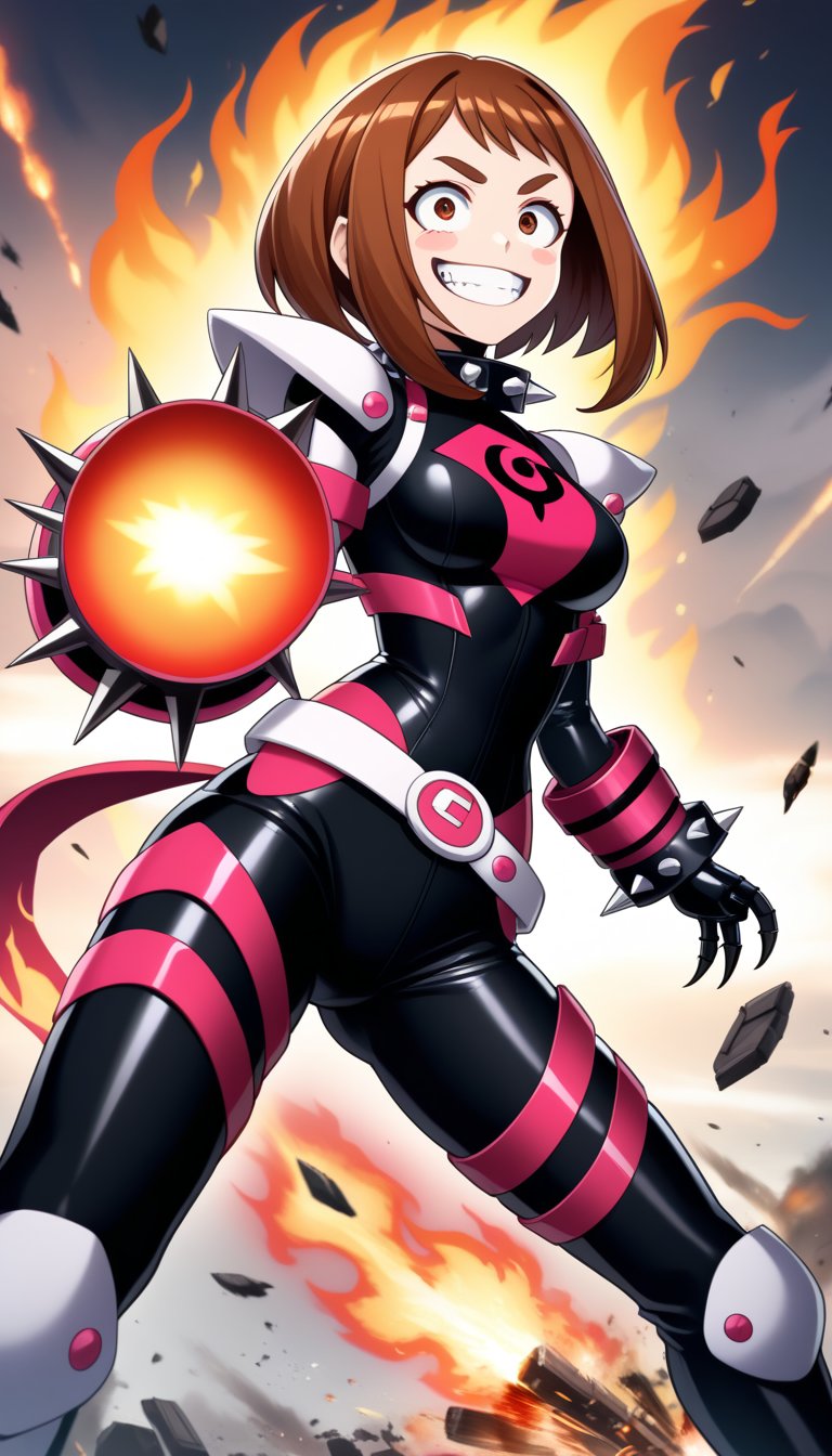 score_9, score_8_up, score_7_up, intricate details,1girl, ochako uraraka, solo, short brown hair, bob cut, evil grin, sharp teeth, malicious expression, crazy eyes, constricted pupils, black sclera,  spiked gauntlets, oversized grenade bracers, black combat boots, orange belt,  sinister expression, wearing black leather corset, tight dark outfit, spiked shoulder pads, thigh-high boots, high heels, exposed midriff, body harness, leather straps, sharp claws, metallic accessories, explosive accessories, spiked collar, villain aura, standing pose, flames in background, explosions, smoke, dark atmosphere, anime style, dynamic lighting, glowing embers, chaotic energy, destruction, confident stance, sadistic grin, villainous attitude