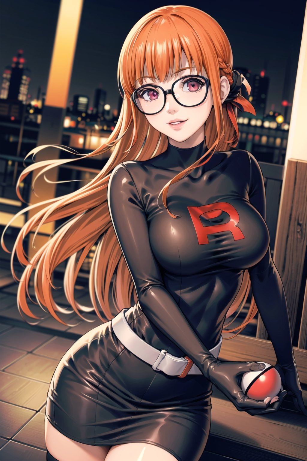 (best quality), (highly detailed), masterpiece, (official art), (dutch angle:1.2),(Persona5FutabaSakura, 1girl, solo, Orange hair, long hair, glasses), red eyes, lips, ( evil smile), lips, poke ball, poke ball (basic), holding poke ball, Grunt Team Rocket, dress, black dress, long sleeves, gloves, elbow gloves, grey belt,pencil skirt, Black thighhighs , looking at viewer, china, asiática, city, night, sky, (intricately detailed, hyperdetailed), blurry background,depth of field, best quality, masterpiece, intricate details, tonemapping, sharp focus, hyper detailed, trending on Artstation,1 girl, high res, official art