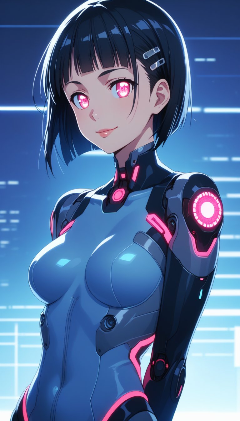 score_9, score_8_up, score_7_up, intricate details, suguha, short hair, black hair, bob cut, hairclip, hair ornament, blunt bangs, lips, smile, pose, bodysuit, cowboy shot, angle, femobt,Remodeling, pink eyes, blue eyes, glowing eyes, android, barcode,blue lips,,StandingAtAttention,cyberpunk,cyborg style