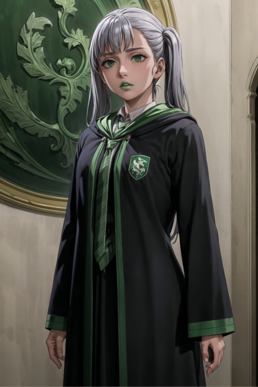 (best quality), (highly detailed), masterpiece, (official art),noelle_silva, twintails, bangs, silver hair , light green eyes, , ((hogrobe)), ((black robe,slytherin)), green tie, magic, (green lips), (lips:1.2),expressionless, (best quality), (highly detailed), masterpiece, (official art), green eyes ,(empty eyes)