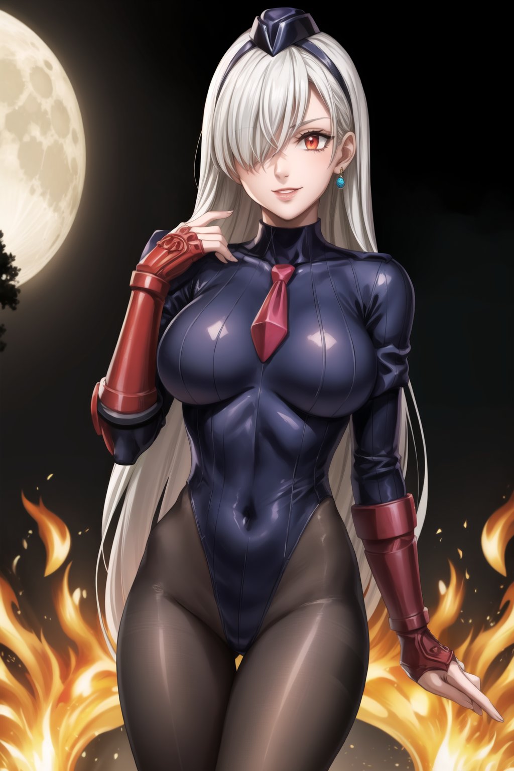 ((best quality)), ((highly detailed)), masterpiece, ((official art)), elizabeth, long hair, red eyes, white hair, hair over one eye, single earring, posing, lips, night, moon, ( evil smile), ((black leotard)),yellow necktie, pantyhose, shoulder pads, (shadaloo doll), (long_sleeves), 1girl, posing, forest, ,shadaloo doll