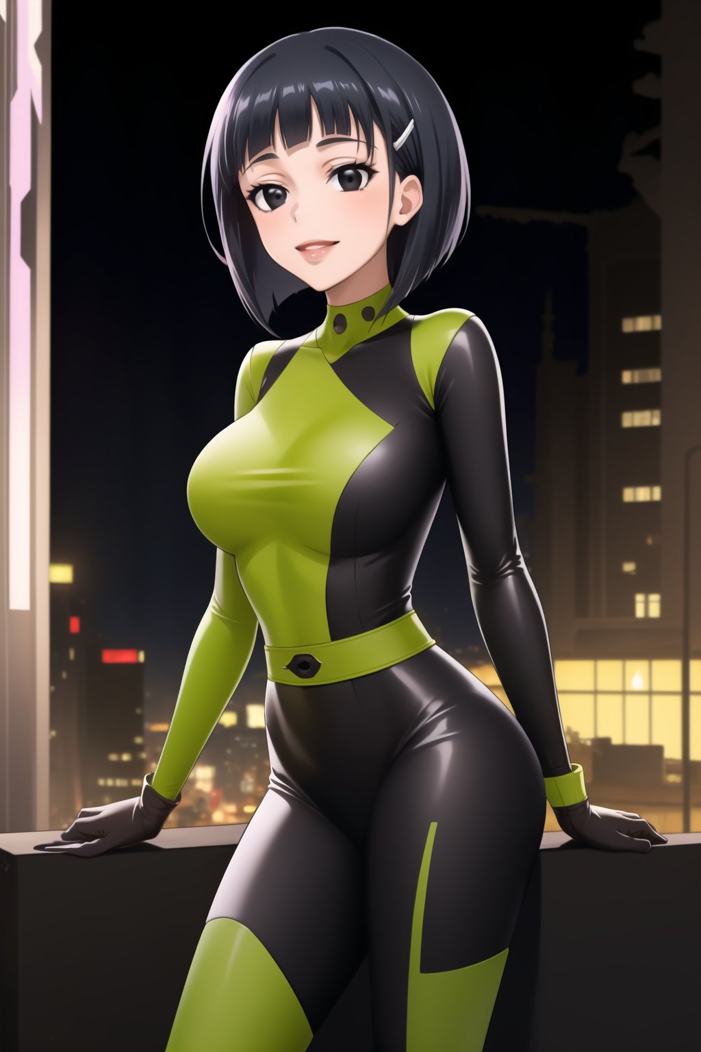 ((best quality)),  masterpiece, dynamic angle, (microchip), suguha, Bob cut, short hair, black hair, hair clip, black eyes, cyberpunk, paris, ruin,night ,(shegosuit) , smile, lips, scenery,  blurry background, 1 girl,  high res,  official art,empty eyes,b1mb0