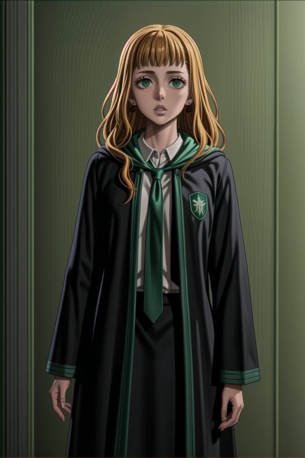 (best quality), (highly detailed), masterpiece, (official art),mimosa vermillion, orange hair, wavy hair , light green eyes, , ((hogrobe)), ((black robe,slytherin)), green tie, magic, (green lips), (lips:1.2), holding tray, tray, earrings, jewlery, expressionless, (best quality), (highly detailed), masterpiece, (official art), green eyes ,(empty eyes), green eyes,b1mb0,<lora:659111690174031528:1.0>