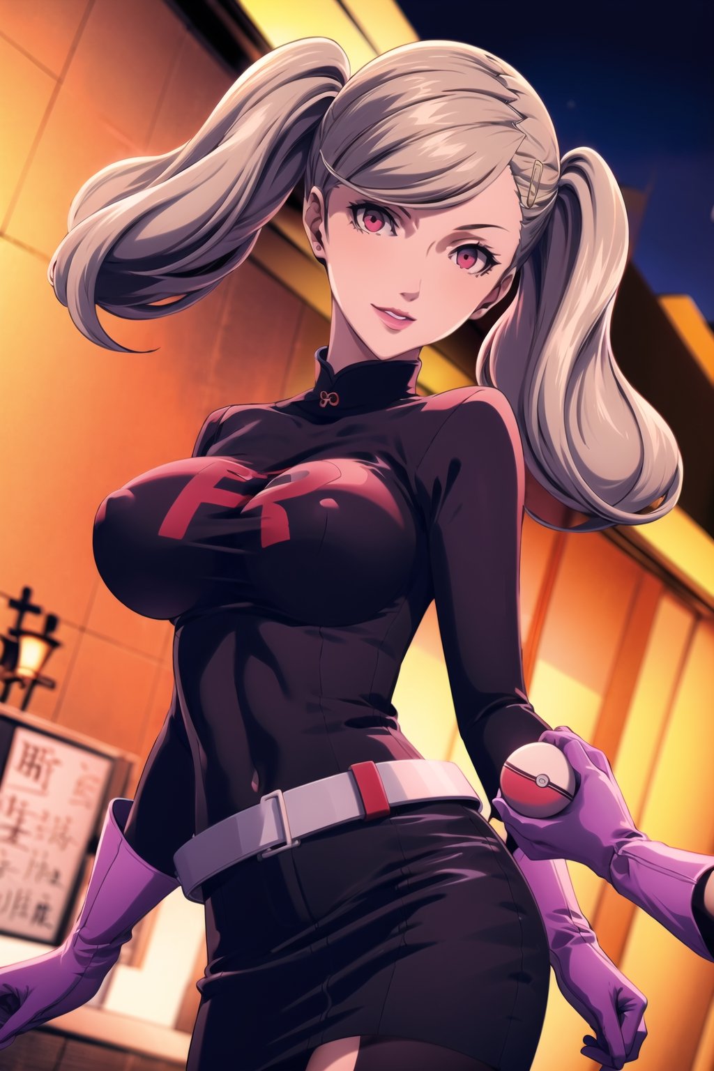 (best quality), (highly detailed), masterpiece, (official art), (dutch angle:1.2),(1girl, hair ornament, solo, hairclip, blonde hair, bangs, twintails), red eyes, lips, ( evil smile), lips, poke ball, poke ball (basic), holding poke ball, Grunt Team Rocket, dress, black dress, long sleeves, gloves, elbow gloves, grey belt,pencil skirt, Black thighhighs , looking at viewer, china, asiática, city, night, sky, (intricately detailed, hyperdetailed), blurry background,depth of field, best quality, masterpiece, intricate details, tonemapping, sharp focus, hyper detailed, trending on Artstation,1 girl, high res, official art,niijimamakoto