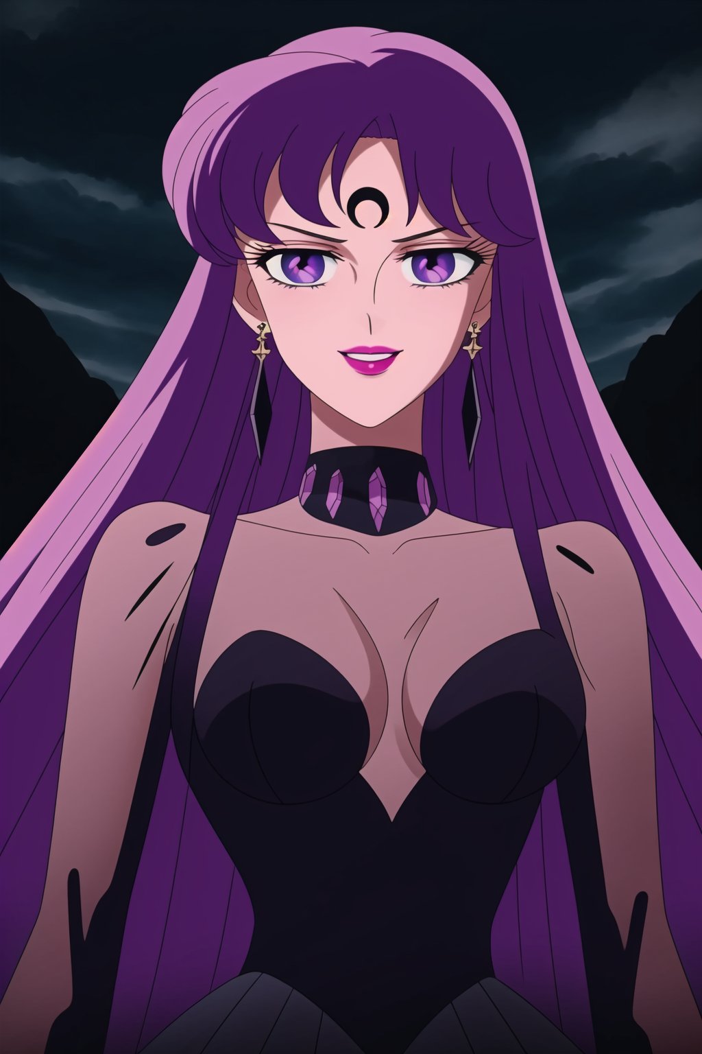 (best quality), (highly detailed), masterpiece, (official art), Saori Kido, long hair, purple hair, purple eyes, makeup, ((forehead mark, crescent facial mark, black crystal earrings)), aged up, evil smile, lips, lipstick, posing, anime coloring, ((black dress, long sleeves, see-through)), pink dress, side slit, A dark and mysterious female character inspired by the style of classic anime. She has an evil face with an evil smile, giving her an imposing and intimidating presence. The overall atmosphere is dark and mysterious, with a sense of power and control emanating from her posture.,