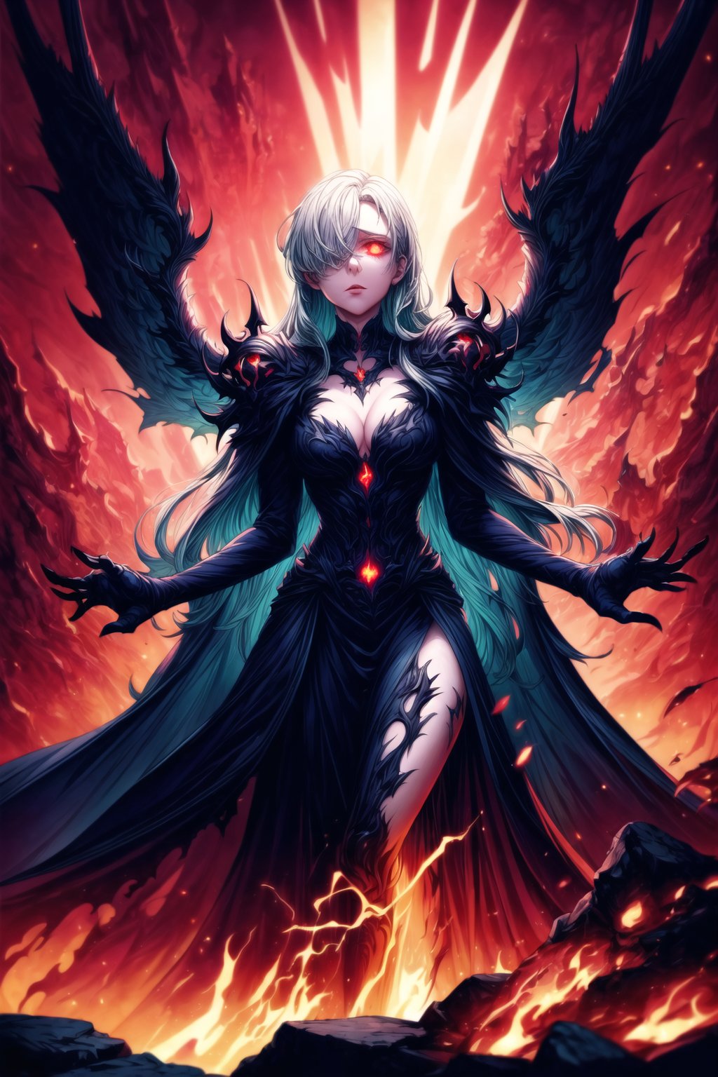 Elizabeth, white hair,hair_over_eye ,lips, ruler of hell, black wings,darkness wings,wings,demon wings,stands as a malevolent dictator, her long hair flowing like darkness itself, gradient from white to dark, framing her cold gaze. Her elaborate gown, adorned with sinister symbols and glowing red accents, reflects her dominance and cruelty. The background features a hellish landscape: rivers of lava, jagged rocks, tormented souls, and dark clouds with lightning. Eerie, red and black glows illuminate the scene, capturing the dark and oppressive atmosphere of her dominion.,shadow