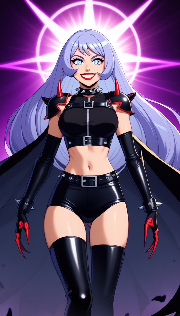 score_9, score_8_up, score_7_up, intricate details,1girl, nejire hado, solo, long hair, blue hair, flowing hair, luscious hair, jokerized, wide smile, evil grin, crazy eyes, teeth, red lips, shining glossy skin, constricted pupils, glowing eyes, sinister expression, wearing black leather corset, tight dark outfit, spiked shoulder pads, thigh-high boots, high heels, exposed midriff, body harness, leather straps, sharp claws, metallic accessories, dark energy, purple aura, black cape, flowing cape, torn cape, spiked choker, dark gauntlets, glowing veins, glowing purple lines, villainess, full body, dynamic lighting, high contrast, villainous aura, dramatic pose, smirk