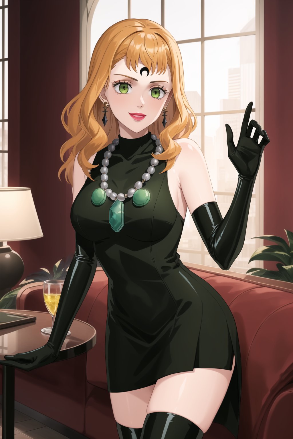 (best quality), (highly detailed), masterpiece, (official art),mimosa vermillion, orange hair, green eyes,, lips, smile, lipstick, makeup, evil smile,
((Forehead mark, crescent facial mark, black crystal earrings, jewelry)).  Dark  dress, esmeraude, black latex, black sleeveless dress, turtleneck_dress, short dress, elbow gloves, green gloves, thighhighs, large necklace, ((gemstone necklace:1.2)), standing,
Modern luxury lounge with dim lighting, featuring sleek black leather sofas, glass tables, and soft ambient lighting from wall sconces. A large window in the background reveals a city skyline at night, adding a touch of sophistication to the scene,