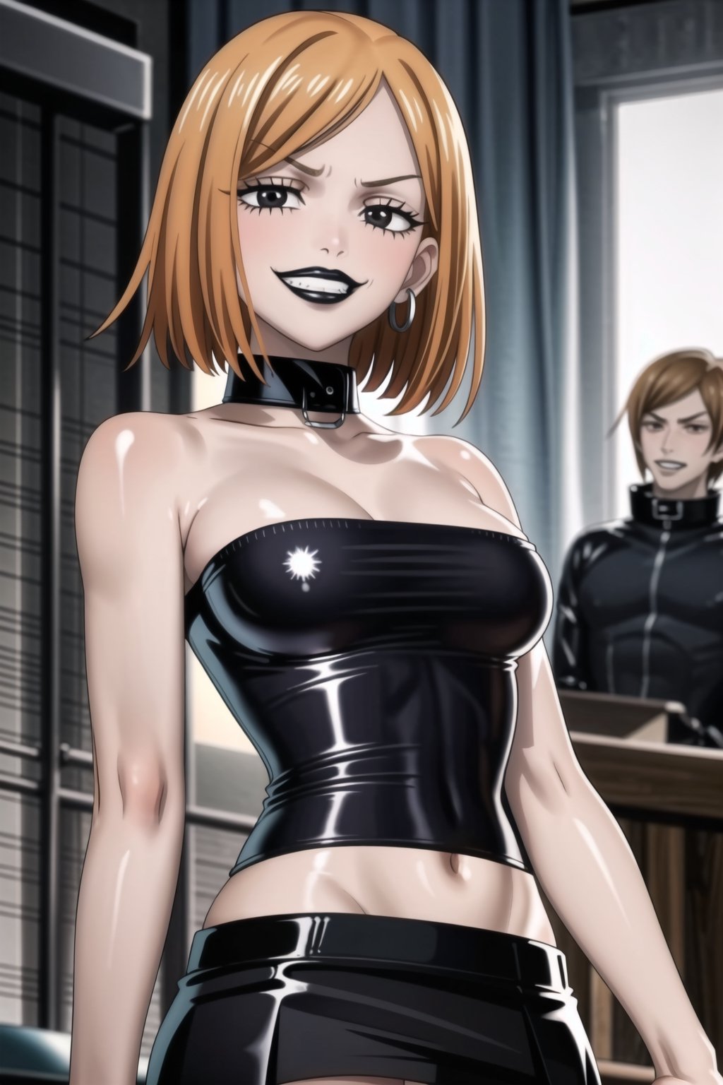 ((best quality)), ((highly detailed)), masterpiece, (Black lips:1.4), ((official art)), detailed face, beautiful face,(detailed eyes, deep eyes),  ((smirk, grin, naughty face, seductive smile, smug)), nobara kugisaki, brown hair, orange hair, black eyes,(makeup) (lips:1.3),1girl, solo,  looking at viewer, earrings, jewelry, blush, collarbone, jewlery, ((miniskirt)),(latex:1.4), navel, (black tank top), ((strapless:1.2)), pleated skirt, ,  (intricately detailed, hyperdetailed), blurry background, depth of field, best quality, masterpiece, intricate details, tonemapping, sharp focus, hyper detailed, trending on Artstation, 1 girl, solo, high res, official art ,collar,b1mb0,StandingAtAttention,empty 
eyes,RockOfSuccubus,,<lora:659111690174031528:1.0>