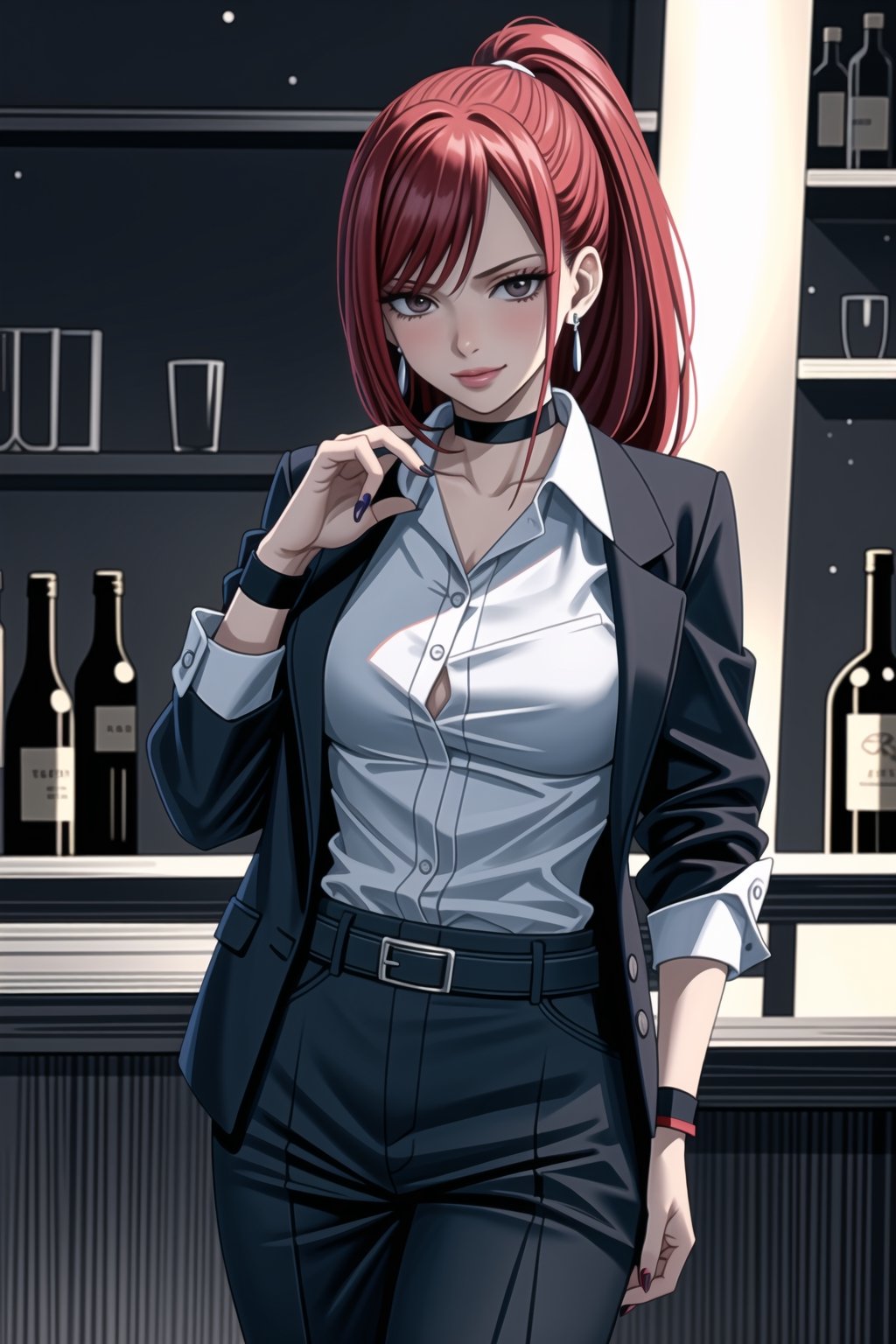 ((best quality)),  ((highly detailed)),  masterpiece,1girl, 1girl, (lips:1.2), seductive smile, smirk, naughty_face,nail polish, solo,   black pants,  formal,  black jacket,  open jacket,  (white shirt),  belt, ,  black jacket, (black suit),  long sleeves,  shirt tucked in,, (black choker), blush, earrings, black nails, looking at viewer, standing, cowboy shot, fingernails,  bar,outdoor,lamp,nigth,space, alcohol, sexy pose:1.2, purple nails, wristband, erzascarlet, red hair, ponytail,<lora:659111690174031528:1.0>