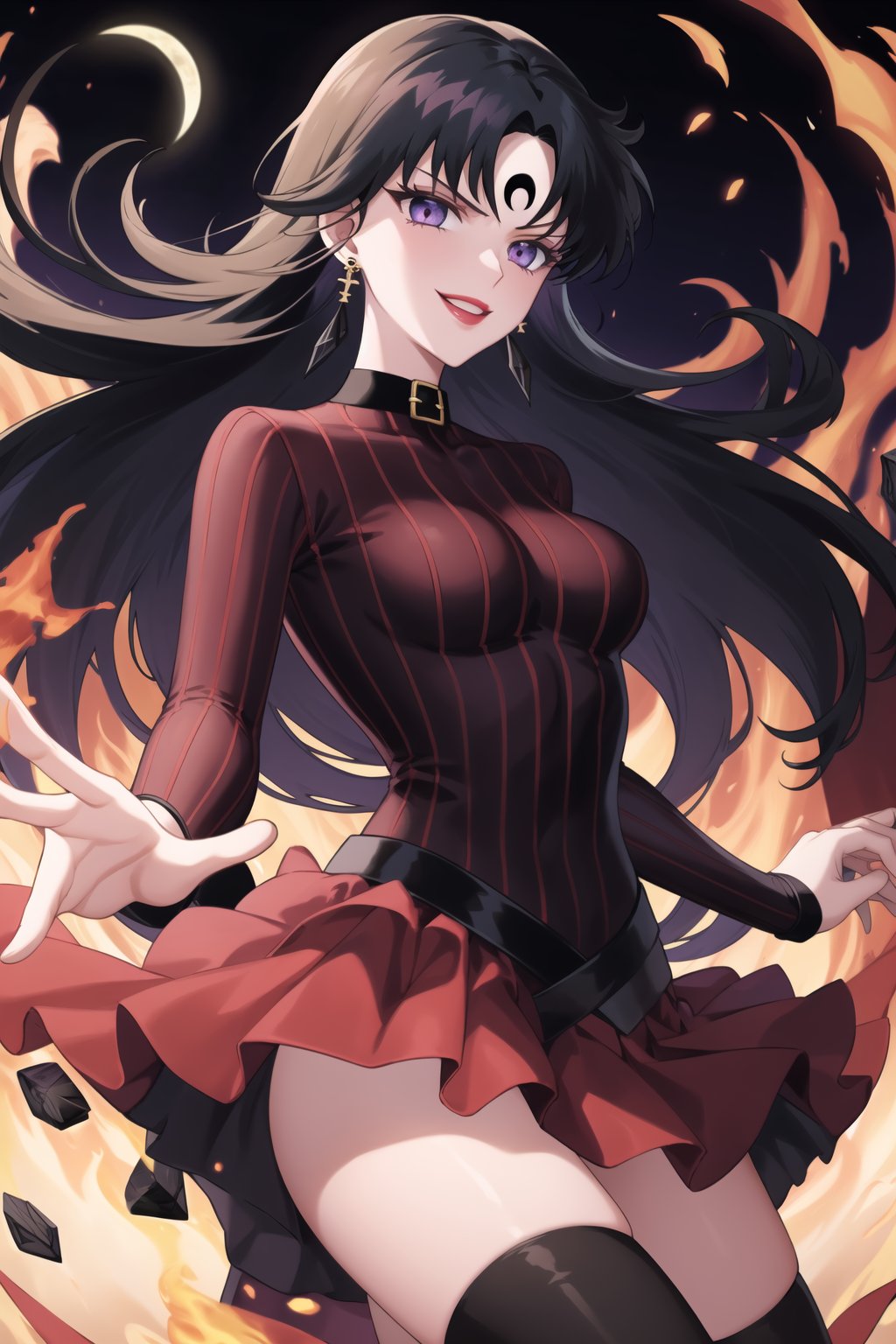 (best quality), (highly detailed), masterpiece, (official art),sama1, long hair, black hair, bangs , makeup, ((black moon, forehead mark, crescent facial mark, black crystal earrings)), jewelry, aged up, evil smile, lips, lipstick, posing, anime coloring, bodysuit:1.2,koan, sweater, striped, purple collar, long sleeves, layered skirt, stockings, forehead jewel,crystal, pyrokinesis, fire, floating_object, energythighhighs, medium breasts. blue thighhighs, A dark and mysterious female character inspired by the style of classic anime. She has an evil face with an evil smile, giving her an imposing and intimidating presence. The overall atmosphere is dark and mysterious, with a sense of power and control emanating from her posture.,