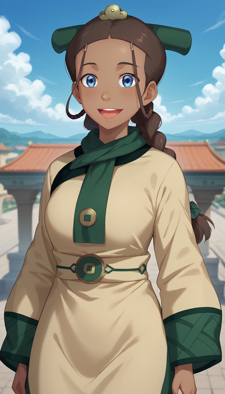 score_9, score_8_up, score_7_up, intricate details,1girl, long dress, green scarf, beige dress, joo dee, hair ornament, standing, 1girl, solo, smile, open mouth, long hair, blue eyes, brown hair,  braid,  dark skin, dark-skinned female, outdoors, sky,  day, cloud,