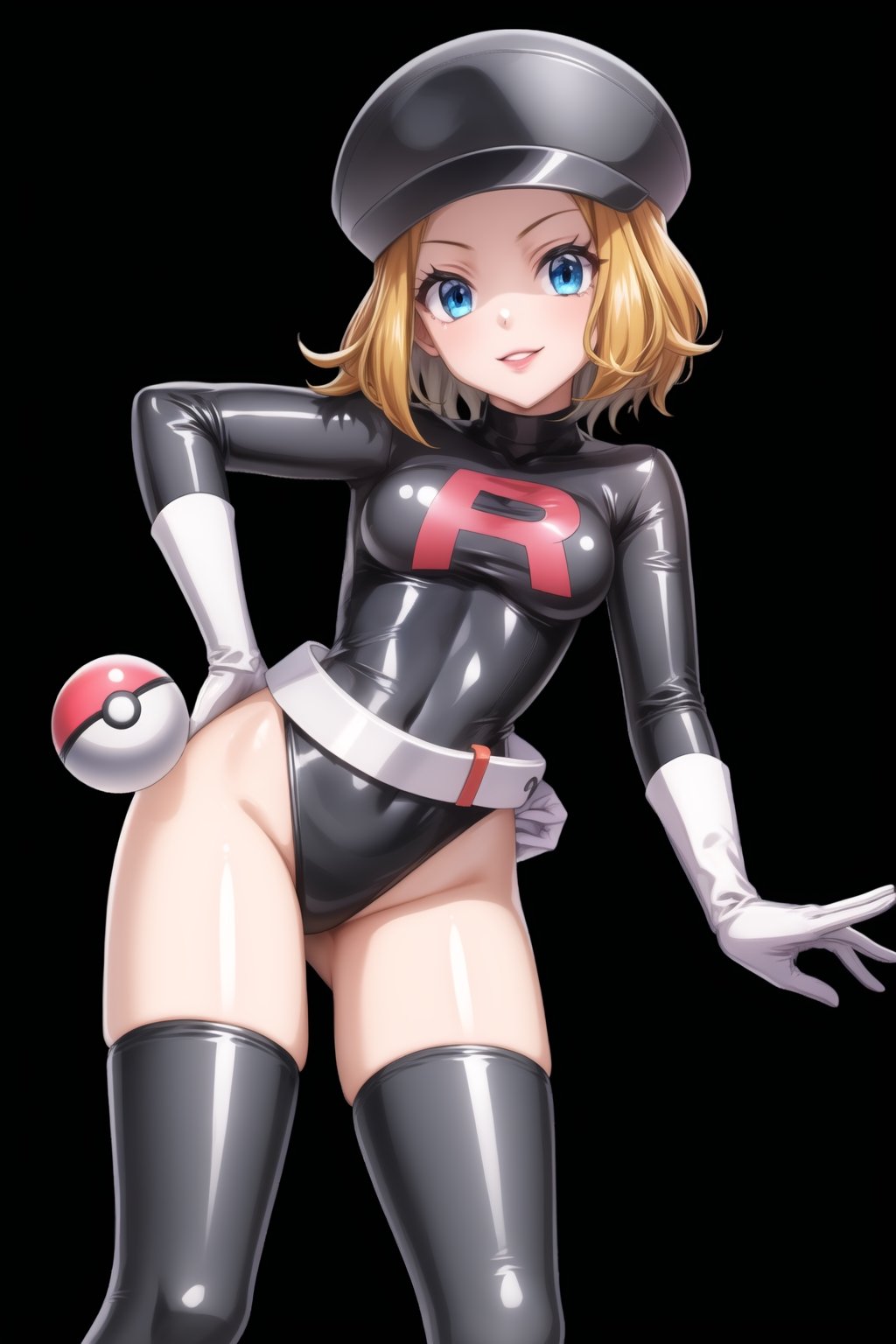 ((best quality)),  ((highly detailed)),  masterpiece,  ((official art)),  ((serena)), 1girl, solo, orange hair, blue eyes, blonde hair, short hair, bangs, poke ball, poke ball (basic), holding poke ball, black headwear, cabbie hat, hat, posing, lips, ( evil smile), ,Grunt Team Rocket, dress, black dress, (leotard:1.3), (latex), long sleeves, gloves, elbow gloves, belt, grey belt, thighhighs, 1girl,simple background,smile,(sea background), posing,