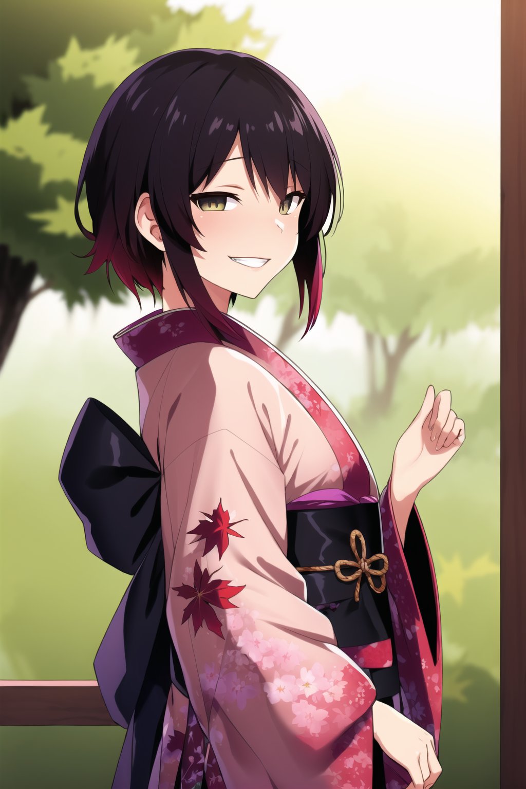 ((best quality)), ((highly detailed)), masterpiece, 1 girl, ruby rose, short hair, BREAK, grin, smirk, kimono, momiji, maple_leaves, japanese maple tree, minimalism, (cowboy shot:1.2), standing, , intricately detailed, hyperdetailed, blurry background, depth of field, best quality, masterpiece, intricate details, tonemapping, sharp focus, hyper detailed, trending on Artstation, 1 girl, high res, official art,