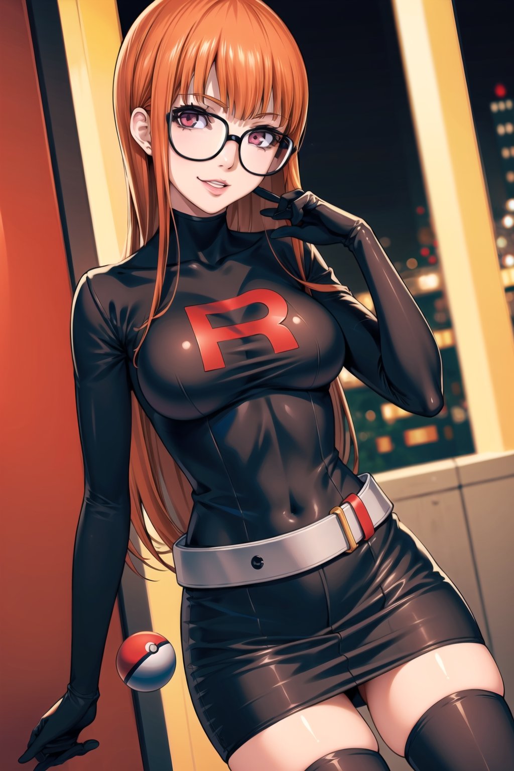 (best quality), (highly detailed), masterpiece, (official art), (dutch angle:1.2),(Persona5FutabaSakura, 1girl, solo, Orange hair, long hair, glasses), red eyes, lips, ( evil smile), lips, poke ball, poke ball (basic), holding poke ball, Grunt Team Rocket, dress, black dress, long sleeves, gloves, elbow gloves, grey belt,pencil skirt, Black thighhighs , looking at viewer, china, asiática, city, night, sky, (intricately detailed, hyperdetailed), blurry background,depth of field, best quality, masterpiece, intricate details, tonemapping, sharp focus, hyper detailed, trending on Artstation,1 girl, high res, official art