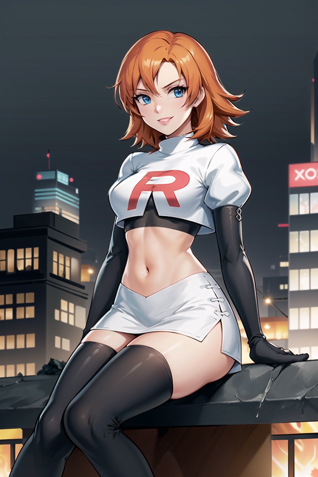 (best quality), (highly detailed), masterpiece, (official art), nora_valkyrie, orange hair, short hair, blue eyes, posing, lips, ( evil smile), sitting, Team Rocket, cropped jacket, white jacket, crop top, jacket, gloves, black gloves, elbow gloves, navel, midriff, white skirt, miniskirt, skirt, thighhighs,, looking at viewer, china, asiática, city, night, sky, (intricately detailed, hyperdetailed), blurry background,depth of field, best quality, masterpiece, intricate details, tonemapping, sharp focus, hyper detailed, trending on Artstation,1 girl, high res, official art