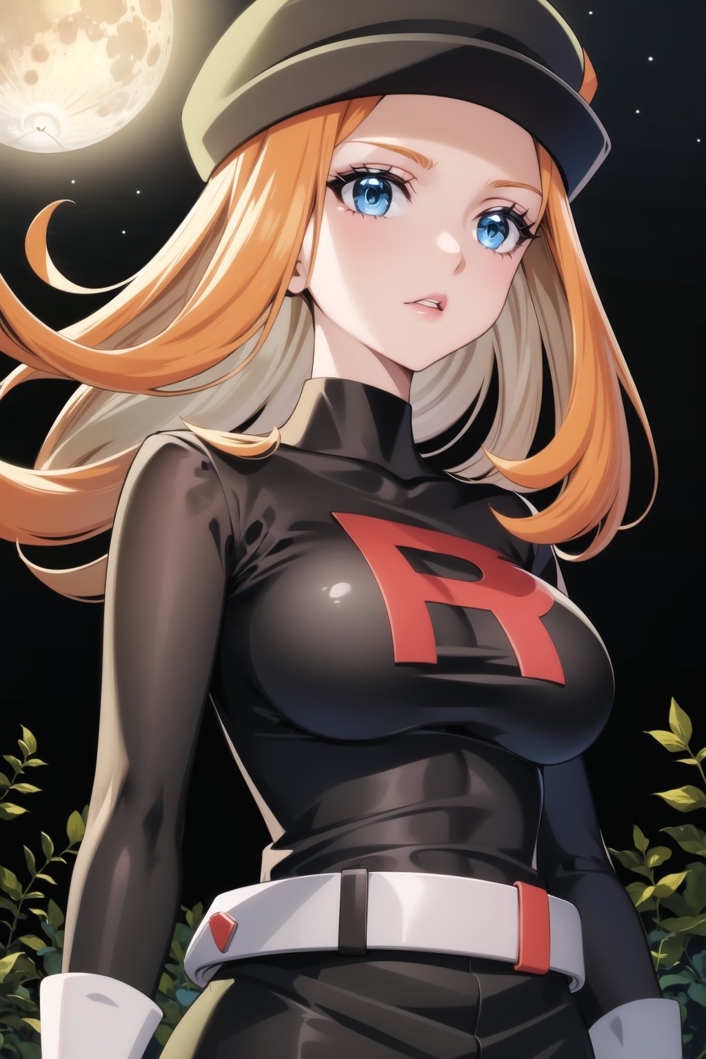 Serena, a striking figure with orange hair and blue eyes, dons a black cabbie hat, parted lips expressionless, as she stands in a darkened forest at night. Her short blonde bangs frame her face beneath the brim of the hat. She wears a sleek black dress adorned with long sleeves, elbow gloves, and a grey belt, exuding an aura of confidence and authority. The Grunt Team Rocket emblem on her chest shines subtly in the moonlit atmosphere.,zombie walk