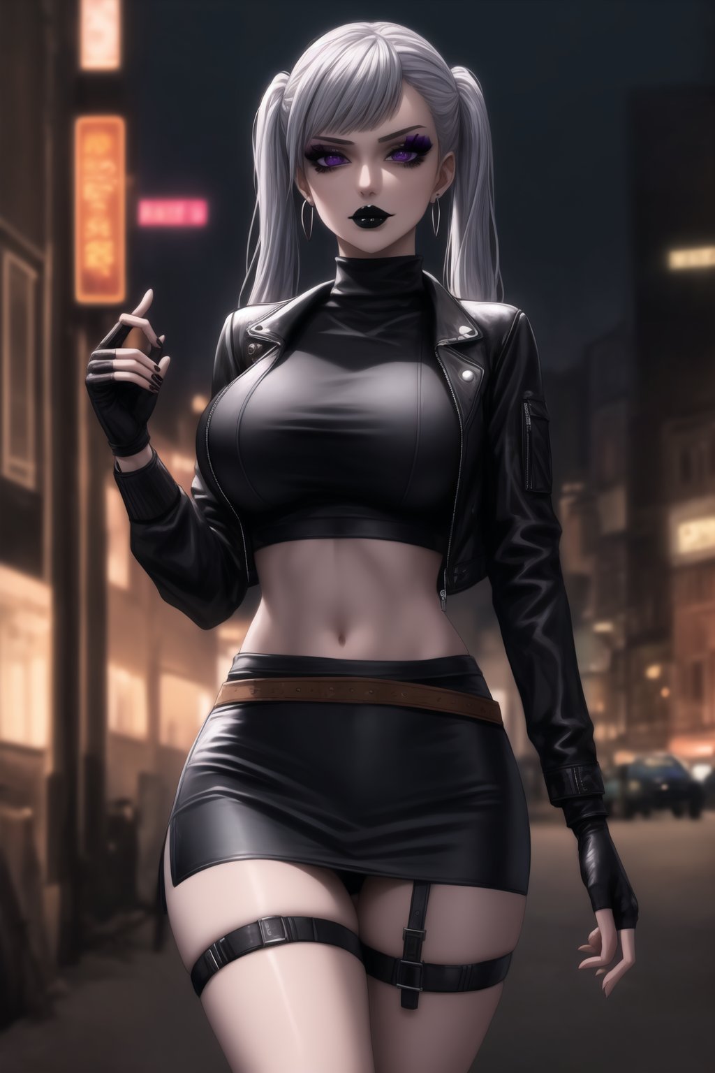 ((best quality)), ((highly detailed)), masterpiece, ((official art)), detailed face, beautiful face, (detailed eyes, deep eyes), seductive posing, (cowboy shot),noelle_silva,silver hair,twintails,bangs,purple eyes,  (sexy:1.3),   (makeup, black lips:1.3),( pale white skin, very white skin, goth, long eyelashes), medium to big breasts, black gloves, black jacket:1.2, black skirt:1.2, black belt ,closed mouth, cowboy shot, ((turtleneck, black crop top)), hoop earrings, fingerless gloves, gloves, highres, black leather jacket, jewelry, , midriff, miniskirt, navel, pencil skirt, skirt, solo, standing, stomach, striped, striped bow, thigh strap, city street, nighttime, intricately detailed, hyperdetailed, blurry background, depth of field, best quality, masterpiece, intricate details, tonemapping, sharp focus, hyper detailed, trending on Artstation, 1 girl, high res, official art