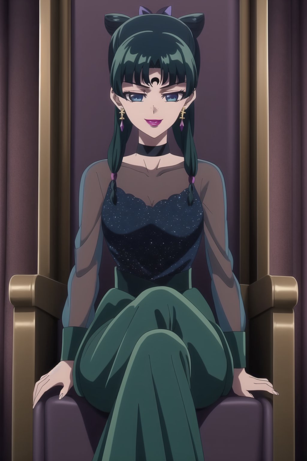 (best quality), (highly detailed), masterpiece, (official art), maomao,1girl,blunt bangs,green hair,blue eyes,sidelocks,twin braids,hair over shoulder,hair beads,half updo,single hair bun,hair ribbon,freckles, forehead mark, crescent facial mark, black crystal earrings, aged up, evil smile, lips, lipstick, posing, anime coloring, black dress, long sleeves, see-through, choker, skirt, black hair, jewelry, medium breasts, earrings, black eyes, makeup, lipstick, forehead mark, purple lips, pearl (gemstone), tomoe hotaru,,  sitting, throne,