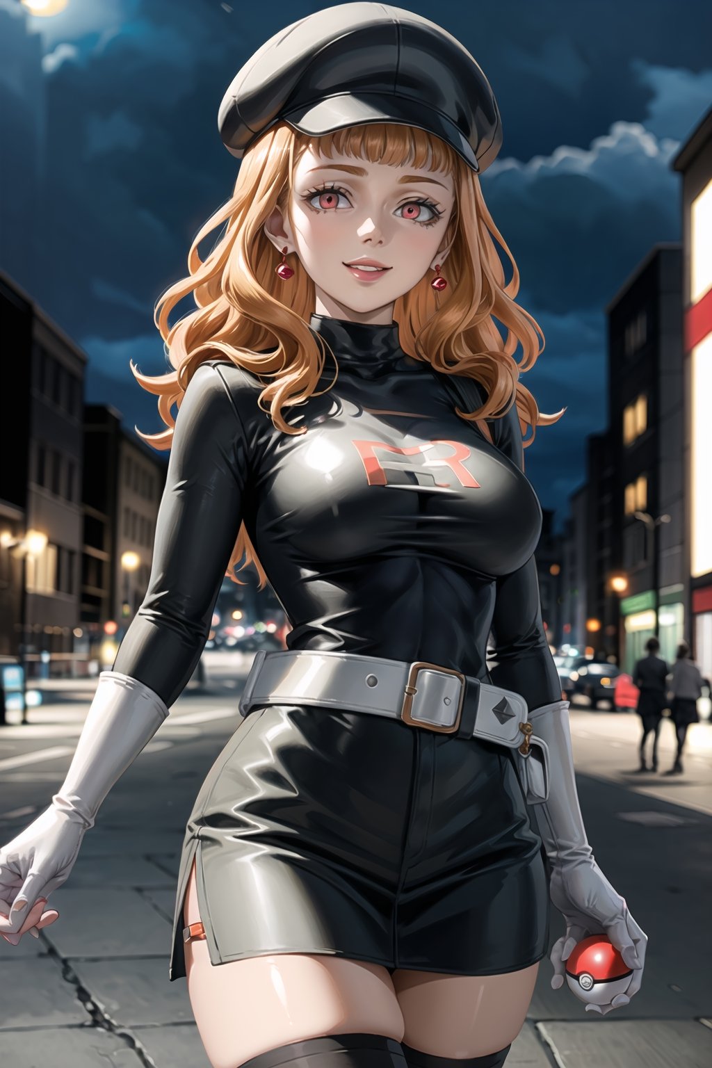 (best quality), (highly detailed), masterpiece, (official art), mimosa vermillion, Orange hair,red eyes, red earrings, poke ball, poke ball (basic), holding poke ball, black headwear, cabbie hat, hat, posing, lips, ( evil smile), ,Grunt Team Rocket, dress, black dress, long sleeves, gloves, elbow gloves, belt, grey belt, skirt, thighhighs, looking at viewer, china, asiática, city, night, sky, (intricately detailed, hyperdetailed), blurry background,depth of field, best quality, masterpiece, intricate details, tonemapping, sharp focus, hyper detailed, trending on Artstation,1 girl, high res, official art,