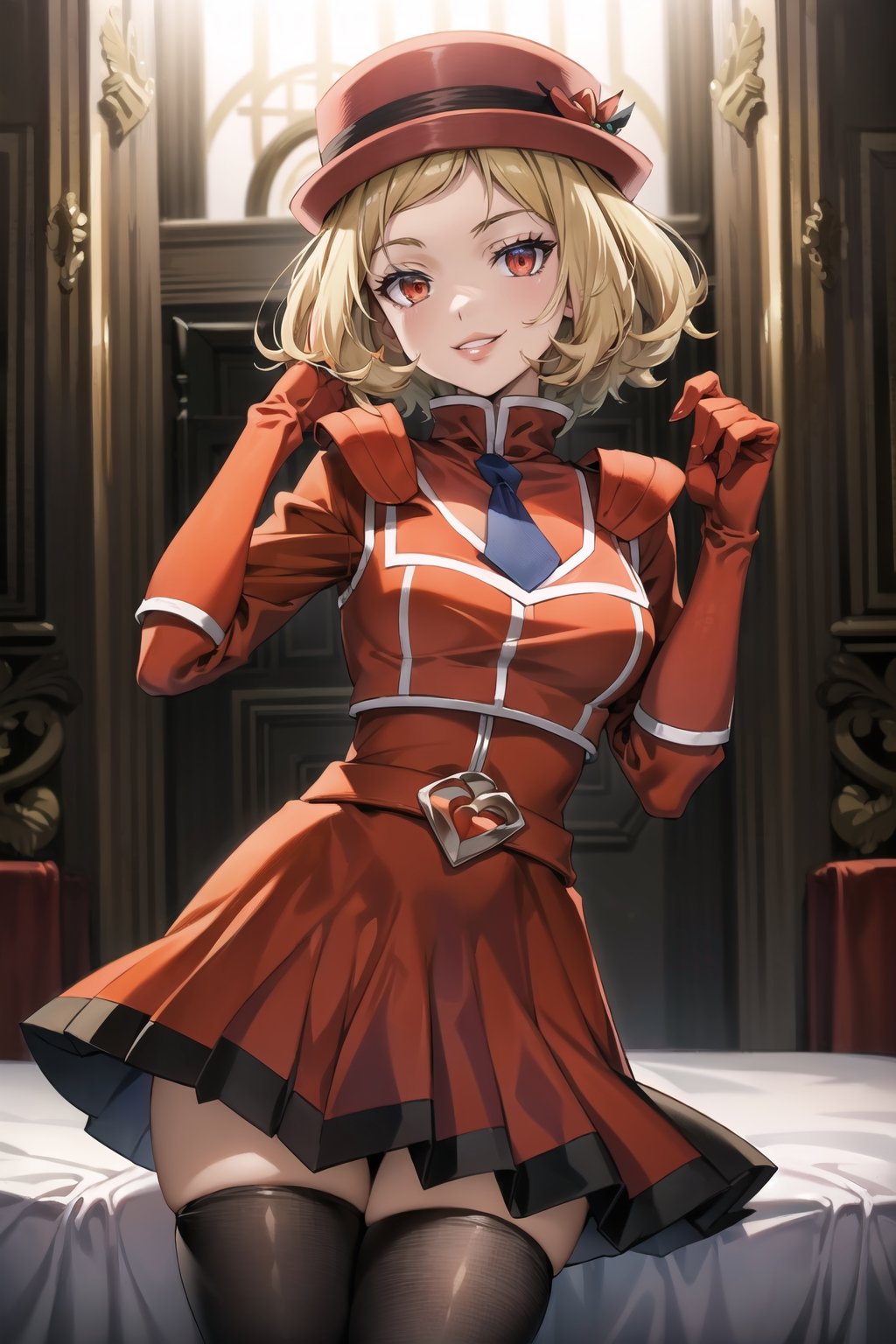 (best quality), (highly detailed), masterpiece, (official art),serena, hat, red hat , short hair, red eyes, (team flare:1.2), gloves,juliet_sleeves, long_sleeves , pleated skirt, thighhighs, hat, thigh boots, dress, belt, red dress, pantyhose, (lips:1.2), grin, smirk, (seductive pose:1.2), cowboy shot, looking at viewer, indoors, blurry background,depth of field, best quality, masterpiece, intricate details, tonemapping, sharp focus, hyper detailed, trending on Artstation,