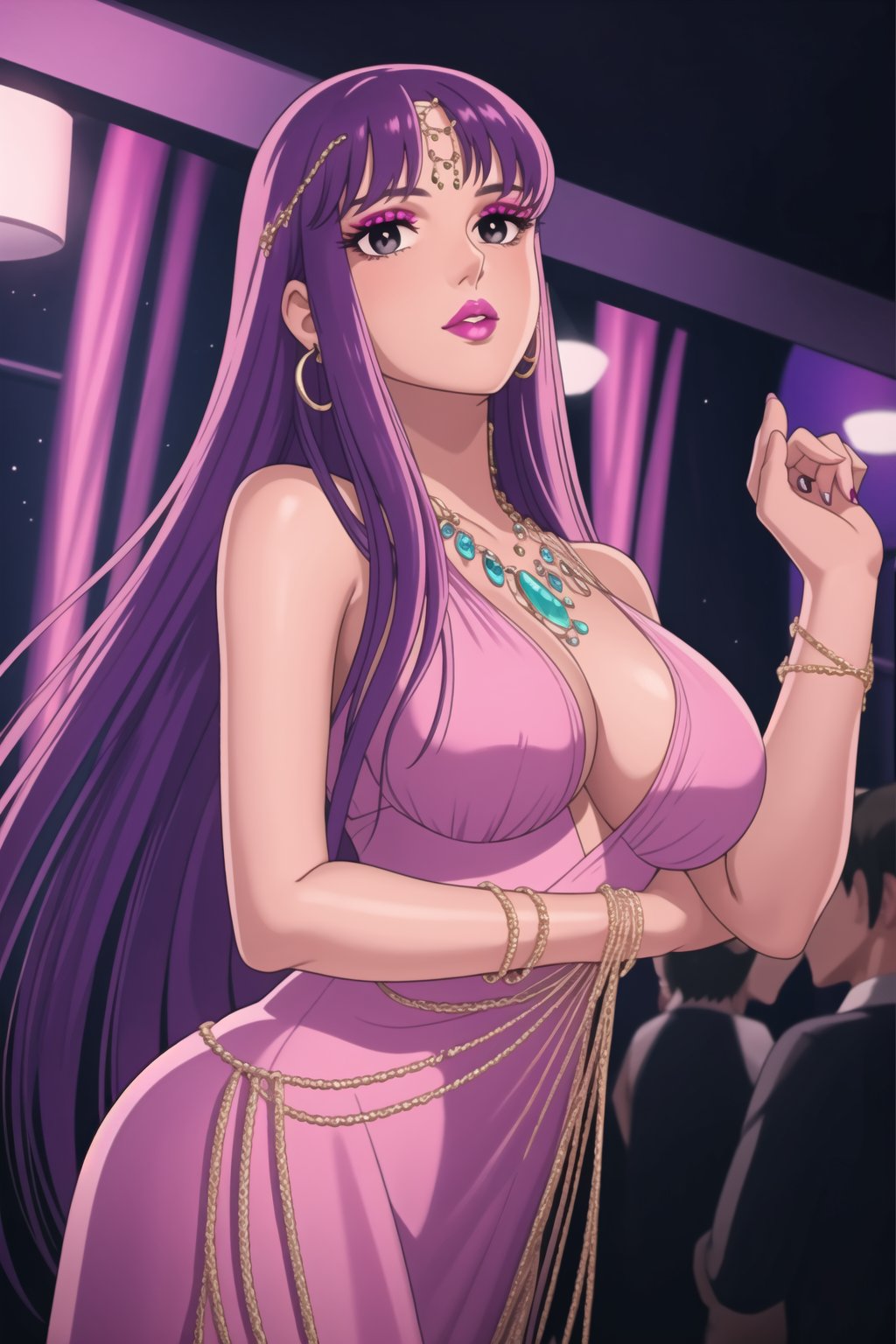 (best quality), (highly detailed), masterpiece, (official art),  ,(Saori,purple hair,long hair):1.2, lips:1.2, makeup:1.2, lipstick:1.2,  makeup, pink eyes, dancing:1.4, dance:1.2, dancer:1.3, posing, Earrings, gem earring:1.2,black_earrings, lips:1.2, black eyes:1.2, ,lips, cowboy shot, large breast, (/nightclub scene, neon lights)), , club, (nigth club), ,hd quality, perfect face ,realistic, realistic body , perfect face sync,night club,,marinette,night club,b1mb0,v3il:1.3, (forehead jewel gem):1.3