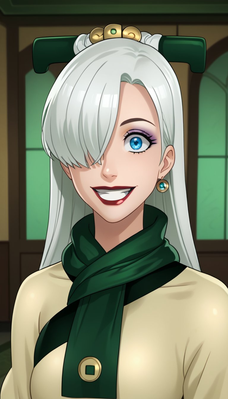 score_9, score_8_up, score_7_up, intricate details,1girl, elizabeth, long hair, white hair,hair over one eye, blue eyes, red lips, indoors,joo dee, dress, scarf, hair ornament, grin, smile, lips, joo dee,  full body,long dress, green scarf, beige dress, teeth,makeup,wide-eyes, eyeshadow,