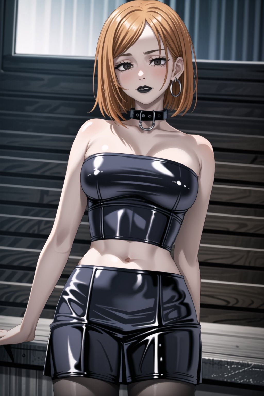 ((best quality)), ((highly detailed)), masterpiece, (Black lips:1.4), ((official art)), detailed face, beautiful face, nobara kugisaki, brown hair, Orange hair, black eyes,(lips), 1girl, solo,  looking at viewer, earrings, jewelry, blush, collarbone, jewlery, ((miniskirt)),(latex:1.4), navel, (black tank top), ((strapless:1.2)), pleated skirt, ,  (intricately detailed, hyperdetailed), blurry background, depth of field, best quality, masterpiece, intricate details, tonemapping, sharp focus, hyper detailed, trending on Artstation, 1 girl, solo, high res, official art ,collar,b1mb0,StandingAtAttention,empty 
eyes,RockOfSuccubus,,<lora:659111690174031528:1.0>