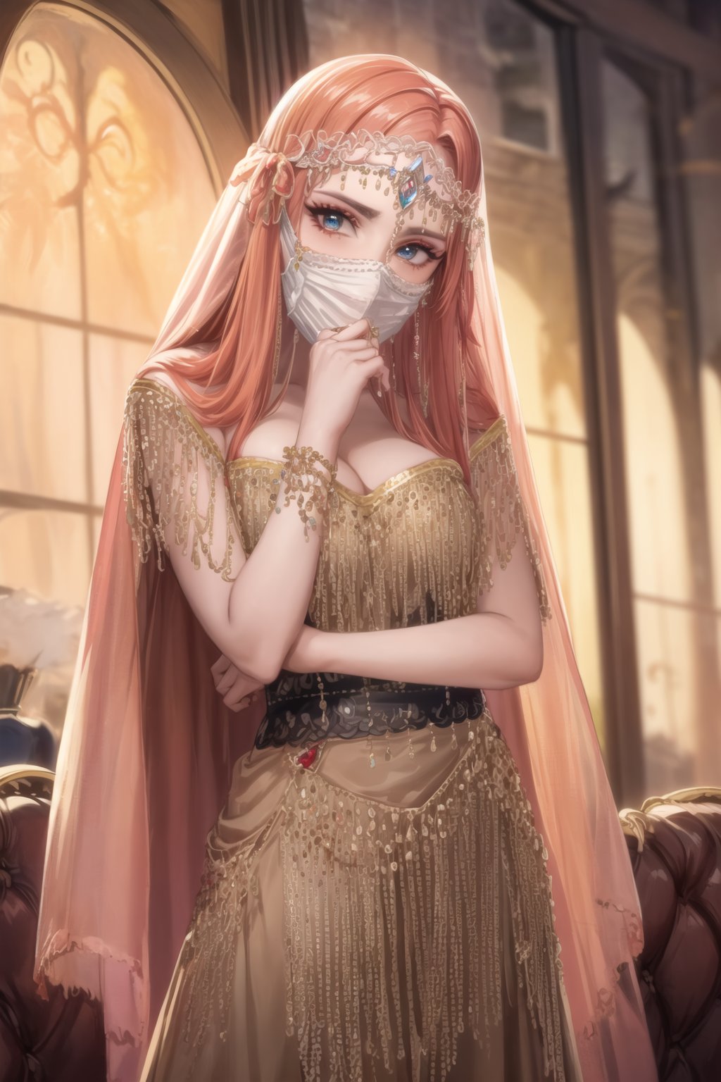 ((best quality)), ((highly detailed)), masterpiece, ((official art)), detailed face, beautiful face, (detailed eyes, deep eyes), seductive posing, (cowboy shot),asuna yuuki, long hair, brown hair, orange hair, red hair, empty eyes:1.2,,((veil, transparent,mask Veil,Veil)) v3il, face veil, (forehead jewel opal), crystal head veil, (cowboy shot), eyeliner, eyeshadow, makeup, ,ethereal nightgown, (sash), (cowboy shot), grand hall, . shallow depth of field, vignette, highly detailed, high budget, bokeh, cinemascope, moody, epic, gorgeous, film grain, grainy,jyojifuku,asuna yuuki