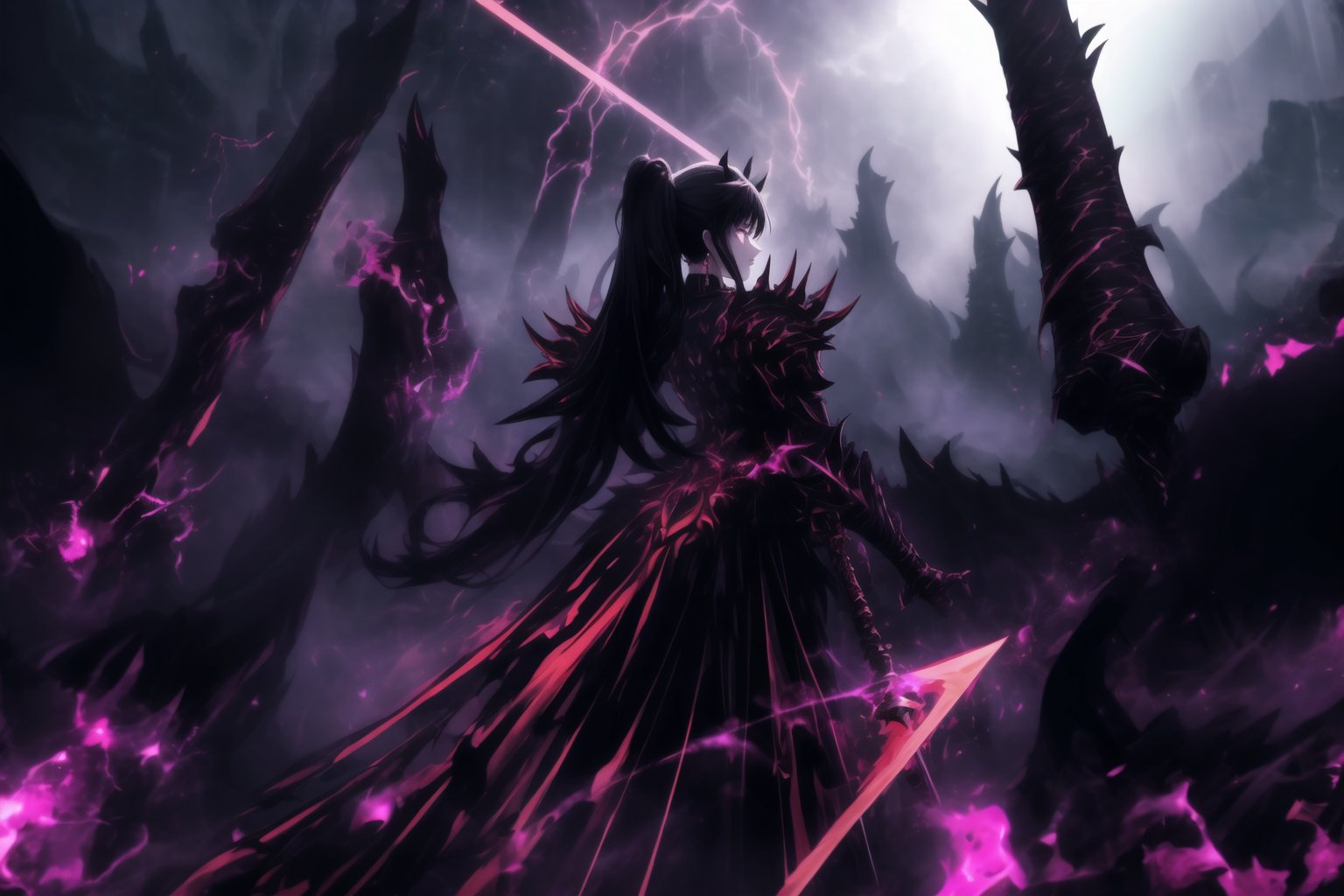 A haunting portrait of Diane, ruler of hell: standing tall, her twintails black hair tied with hair scrunchies cascades down her back as she dons an elaborate gown adorned with sinister symbols and glowing red accents. Her cold gaze is framed by a crescent face mark and crystal black earrings. A massive spiked mace in one hand reinforces her dominance over the kingdom. Black demonic armor covers her body, reflecting the ominous red light of her infernal realm. A ruler of darkness, complete with black demon horns, stands against a hellish backdrop: rivers of lava flow through jagged rocks, tormented souls writhing along cliffs, and dark clouds pierced by bolts of demonic lightning. Her large black wings spread wide, casting long shadows over the oppressive scene. Red and black glowing effects, eerie light rays, and sparks of energy create a surreal and chaotic atmosphere, as digital distortion effects, glitchy bursts of light, and electrical discharges add a modern intensity to this dark and foreboding landscape.,GFX