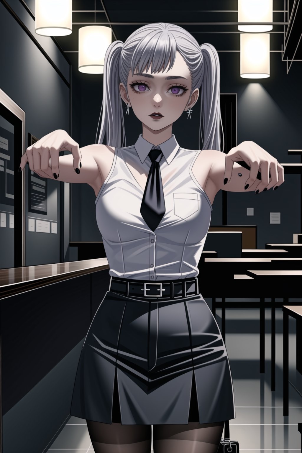 ((best quality)),  ((highly detailed)), ((zombie walk, mind control, looking at viewer)),  masterpiece,1girl, 1girl, (lips) , (black lips:1.2) ,nail polish, solo,  alternate_costume, (white shirt), necktie, shirt, sleeveless_shirt, collared shirt, pencil_skirt, high_waist_skirt, belt, black_skirt,  miniskirt, black_legwear, pantyhose,  (earrings), black nails, looking at viewer, standing, cowboy shot, bar,outdoor,lamp,nigth,space, office:1.3 ,noelle_silva, silver hair,purple eyes, twintails, bangs, earrings, jewelry,,,,zombie walk,<lora:659111690174031528:1.0>