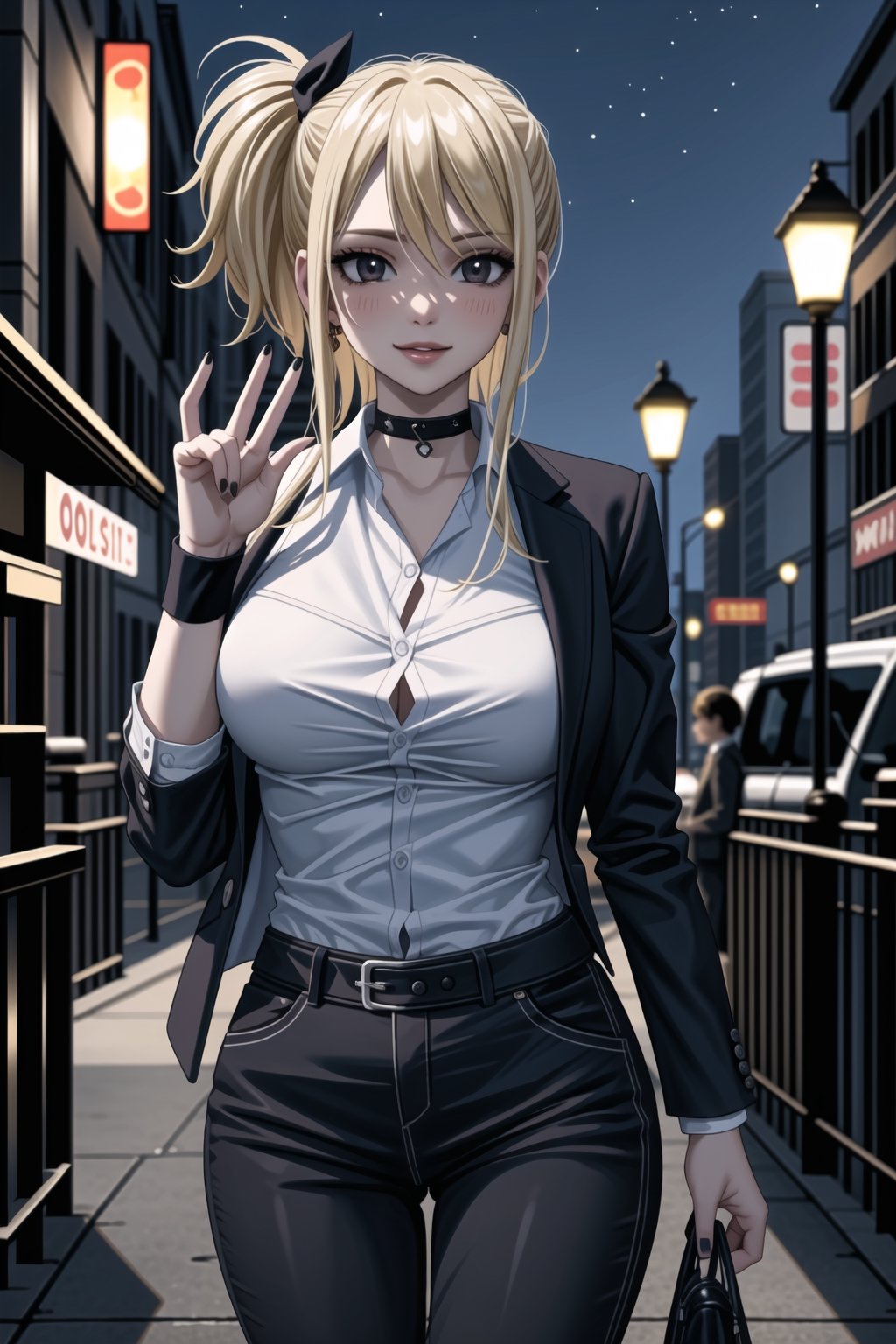 ((best quality)),  ((highly detailed)),  masterpiece,1girl, 1girl, (lips:1.2), seductive smile, smirk, naughty_face,nail polish, solo,   black pants,  formal,  black jacket,  open jacket,  (white shirt),  belt, ,  black jacket, (black suit),  long sleeves,  shirt tucked in,, (black choker), blush, earrings, black nails, looking at viewer, standing, cowboy shot, fingernails,  bar,outdoor,lamp,nigth,space, alcohol, sexy pose:1.2, purple nails, wristband, lucyheartfilia, one side up, long hair,<lora:659111690174031528:1.0>