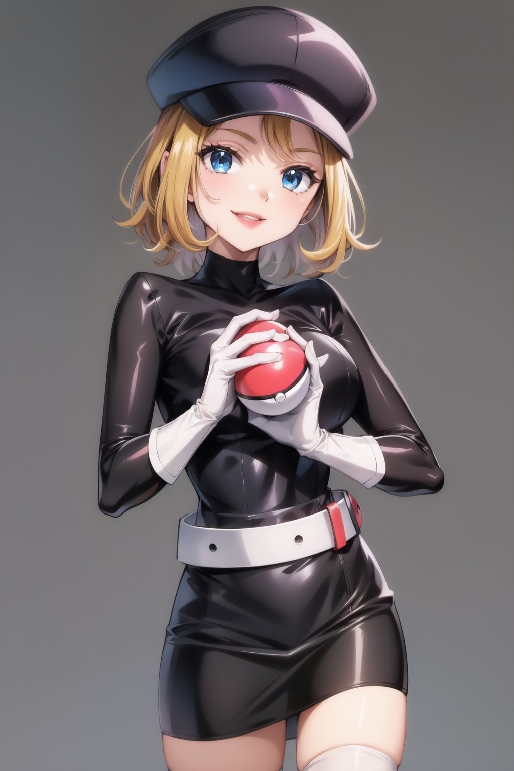 ((best quality)),  ((highly detailed)),  masterpiece,  ((official art)),  ((serena)), 1girl, solo, orange hair, blue eyes, blonde hair, short hair, bangs, poke ball, poke ball (basic), holding poke ball, black headwear, cabbie hat, hat, posing, lips, ( evil smile), ,Grunt Team Rocket, dress, black dress, (leotard, latex), long sleeves, gloves, elbow gloves, belt, grey belt, skirt, thighhighs, 1girl,simple background,smile,(sea background), posing,