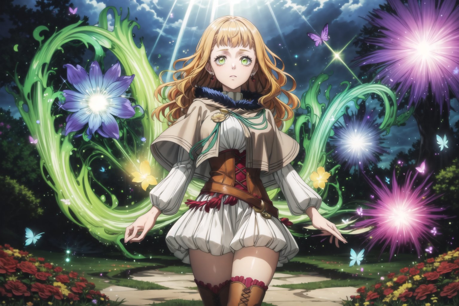 1girl, mimosa vermillion, orange hair, long hair, green eyes, red earrings, turtleneck sweater, corset, capelet, red cape, thighhighs, thigh boots, standing, surrounded by nature, field_of_flowers, full_bloom, plants, colorful flowers everywhere, sunlight, bright_daylight, serene expression, hands gently raised, magic swirling around her, green magic energy forming plant tendrils, flowers growing and blooming at her command, floral aura around her, gentle breeze moving through the field, butterflies and petals floating in the air, glowing magical symbols hovering near the plants, lush greenery, soft light reflecting off petals, GFX elements: glowing vines, vibrant magical blooms, particle effects around the flowers, lens flare from sunlight, soft floral glow, dynamic lighting with sun rays filtering through the magic, peaceful natural atmosphere, vivid color contrast between flowers and her outfit, nature in harmony with magic