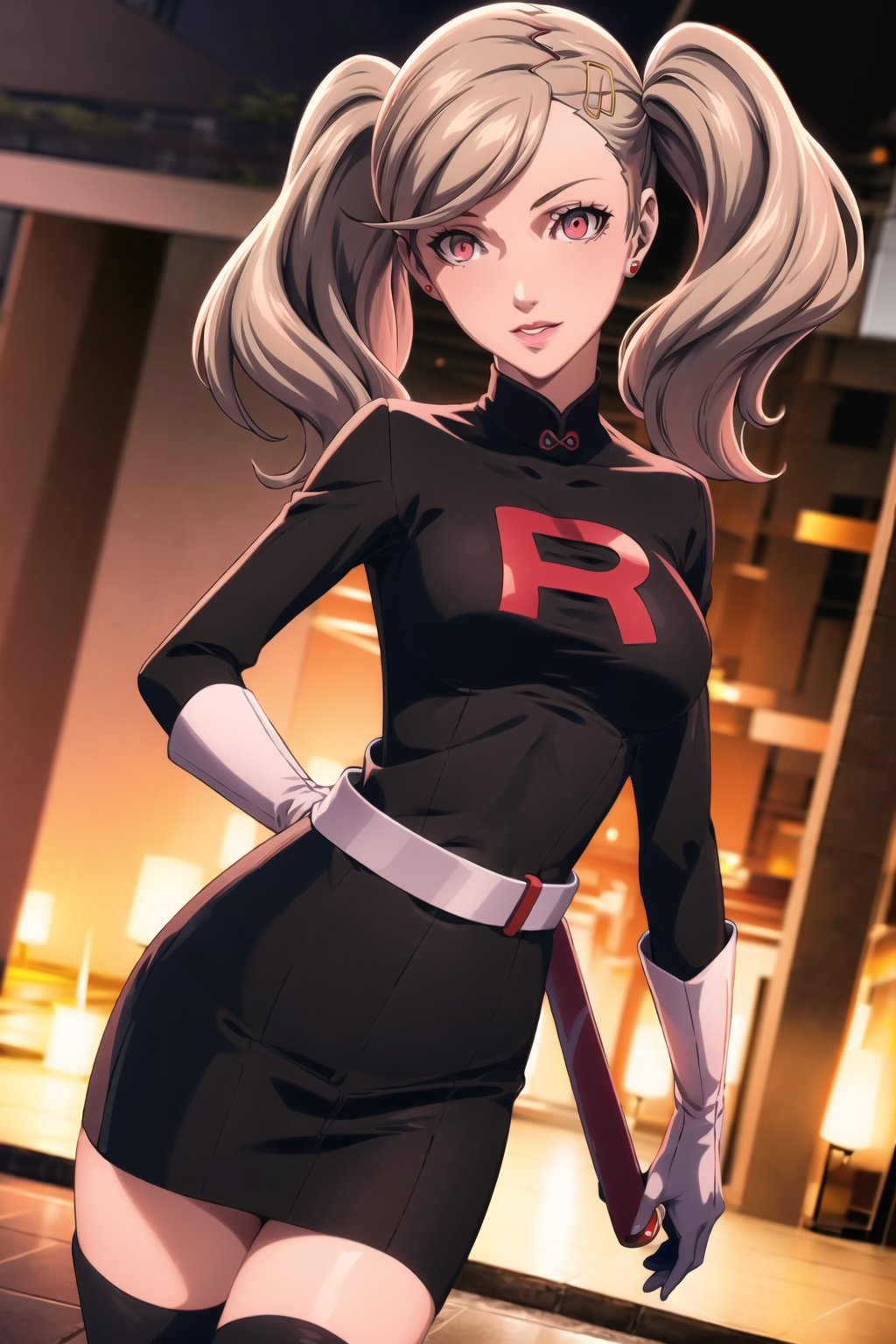 (best quality), (highly detailed), masterpiece, (official art), (dutch angle:1.2),(1girl, hair ornament, solo, hairclip, blonde hair, bangs, twintails), red eyes, lips, ( evil smile), lips, poke ball, poke ball (basic), holding poke ball, Grunt Team Rocket, dress, black dress, long sleeves, gloves, elbow gloves, grey belt,pencil skirt, Black thighhighs , looking at viewer, china, asiática, city, night, sky, (intricately detailed, hyperdetailed), blurry background,depth of field, best quality, masterpiece, intricate details, tonemapping, sharp focus, hyper detailed, trending on Artstation,1 girl, high res, official art,niijimamakoto