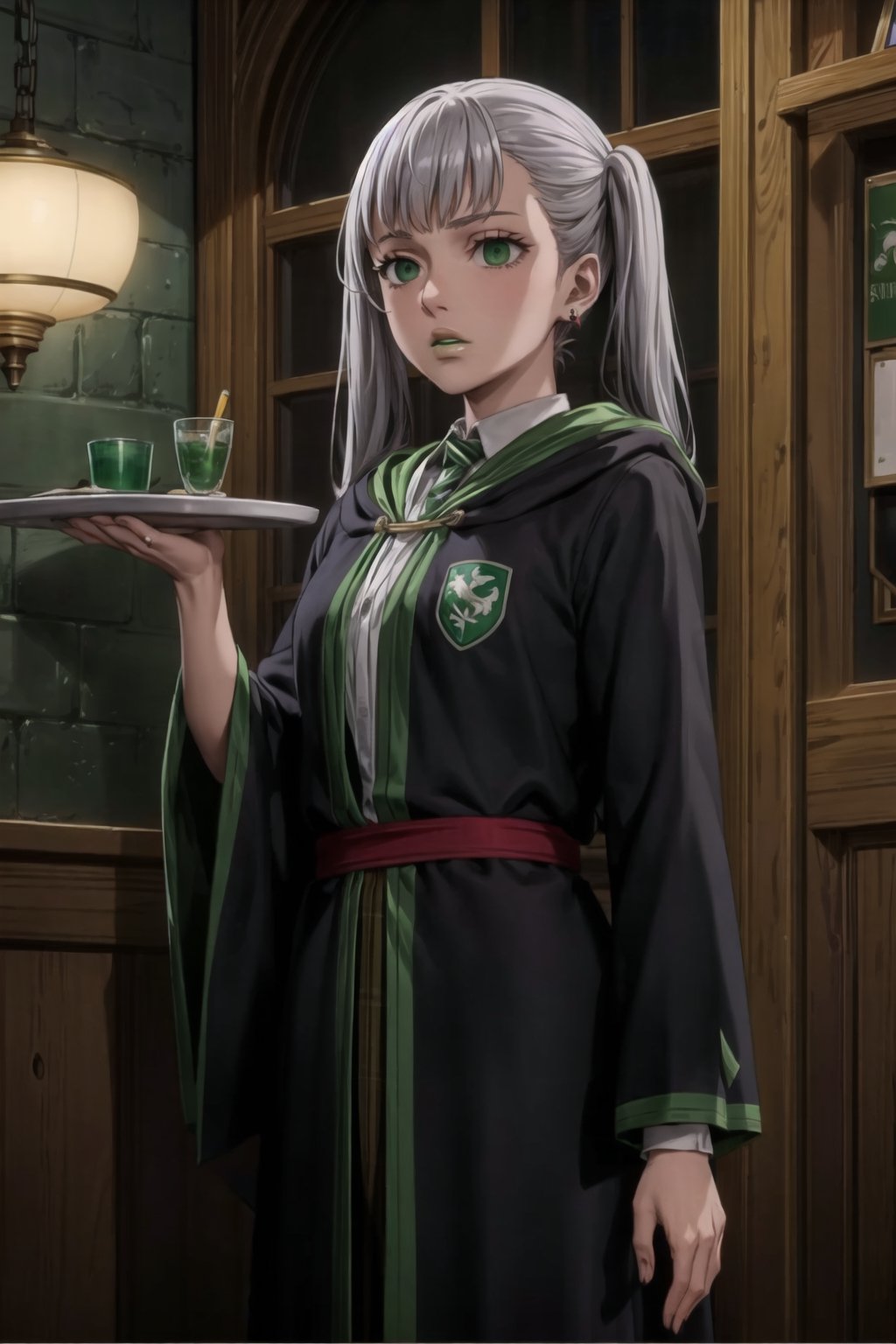 (best quality), (highly detailed), masterpiece, (official art),noelle_silva, twintails, bangs, silver hair , light green eyes, , ((hogrobe)), ((black robe,slytherin)), green tie, magic, (green lips), (lips:1.2), holding tray, tray, earrings, jewlery, expressionless, (best quality), (highly detailed), masterpiece, (official art), green eyes ,(empty eyes)