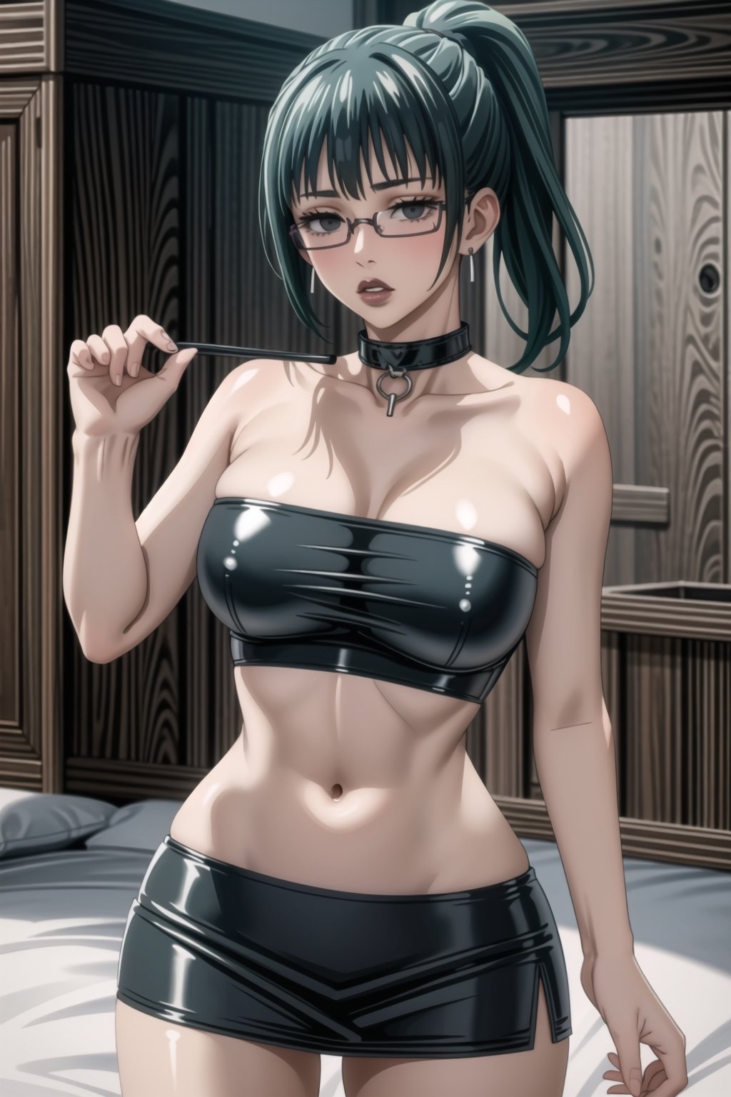 zenin_maki, green hair, ponytail, glasses, bangs, black eyes,(Black lips:1.3, lips), 1girl, solo,  looking at viewer, earrings, jewelry, blush, collarbone, jewlery, ((miniskirt)),(latex:1.4), navel, (black tank top), ((strapless:1.2)), pleated skirt, , hd quality, perfect face ,collar,b1mb0,StandingAtAttention,empty eyes,,<lora:659111690174031528:1.0>