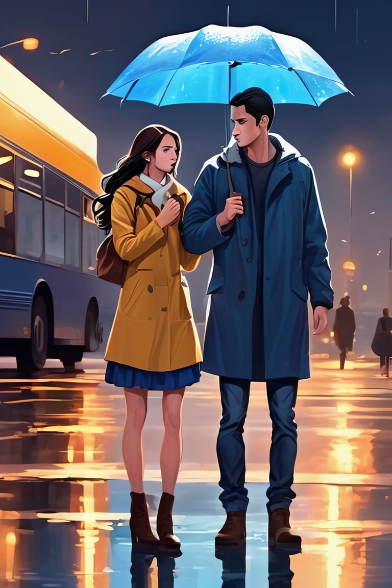 European, two young people, masterpiece, top quality, young man and girl are very in love with each other, both 28 years old. Under the rain, the girl is wearing a raincoat and jeans underneath, the man is wearing a blue jacket and jeans, an extremely sad and emotional scene in the night intercity ((at the bus terminal)). girl is about to break up with her boyfriend, their hands are about to be separated from each other, shot from outside, woman about to be left alone, rain, ((terminal)) man waves to the girl from inside the bus and the girl cries very emotionally, drenched, professional professionalism, crooked, both, facing viewer, seen to viewer, live 8k, ultra realistic, night, upper body, photo r3al, shooting star, photo r3al