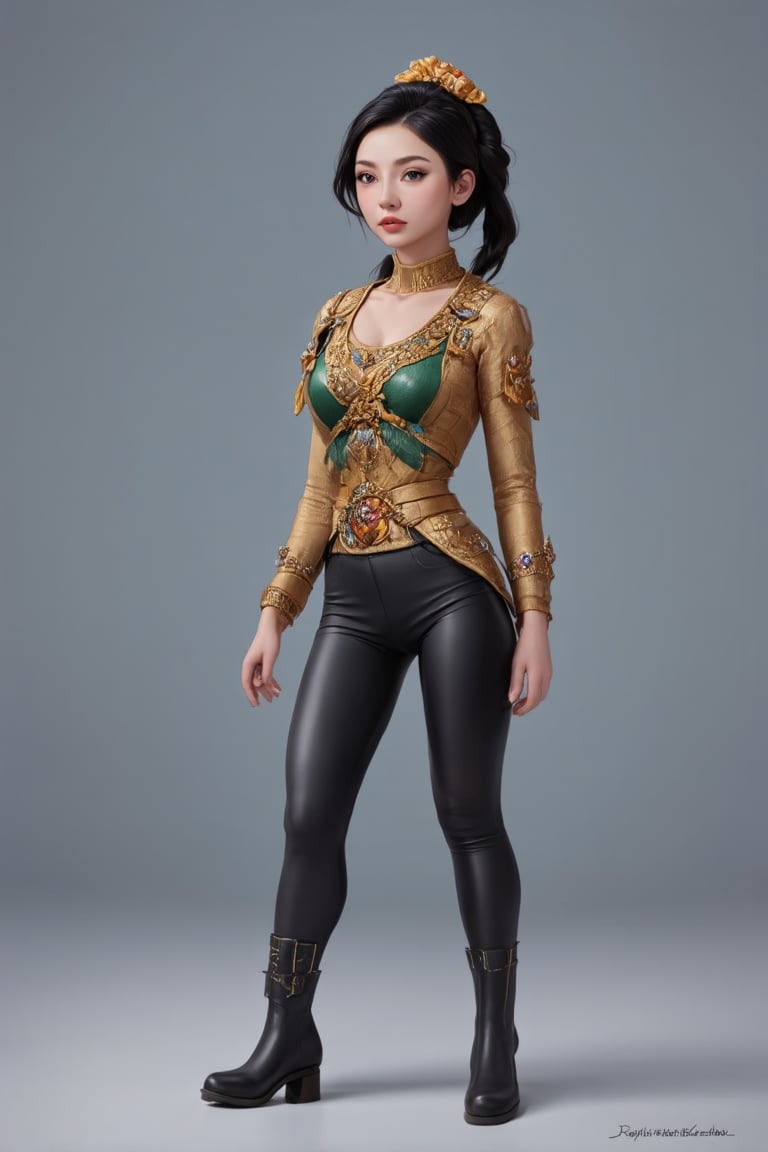 women. beautiful detailed face, black hair, pale skin, light skin, realistic skin, detailed fabric texture, detailed hair texture, perfect proportion, accurate, anatomically correct, highly detailed skin and face texture, modern, photorealistic, perfect face, hyper realism, mega realism, high quality. warrior, ancient mongolia, messy hairstyle. whole body. black pants, black boots,digital art,Elite beauty