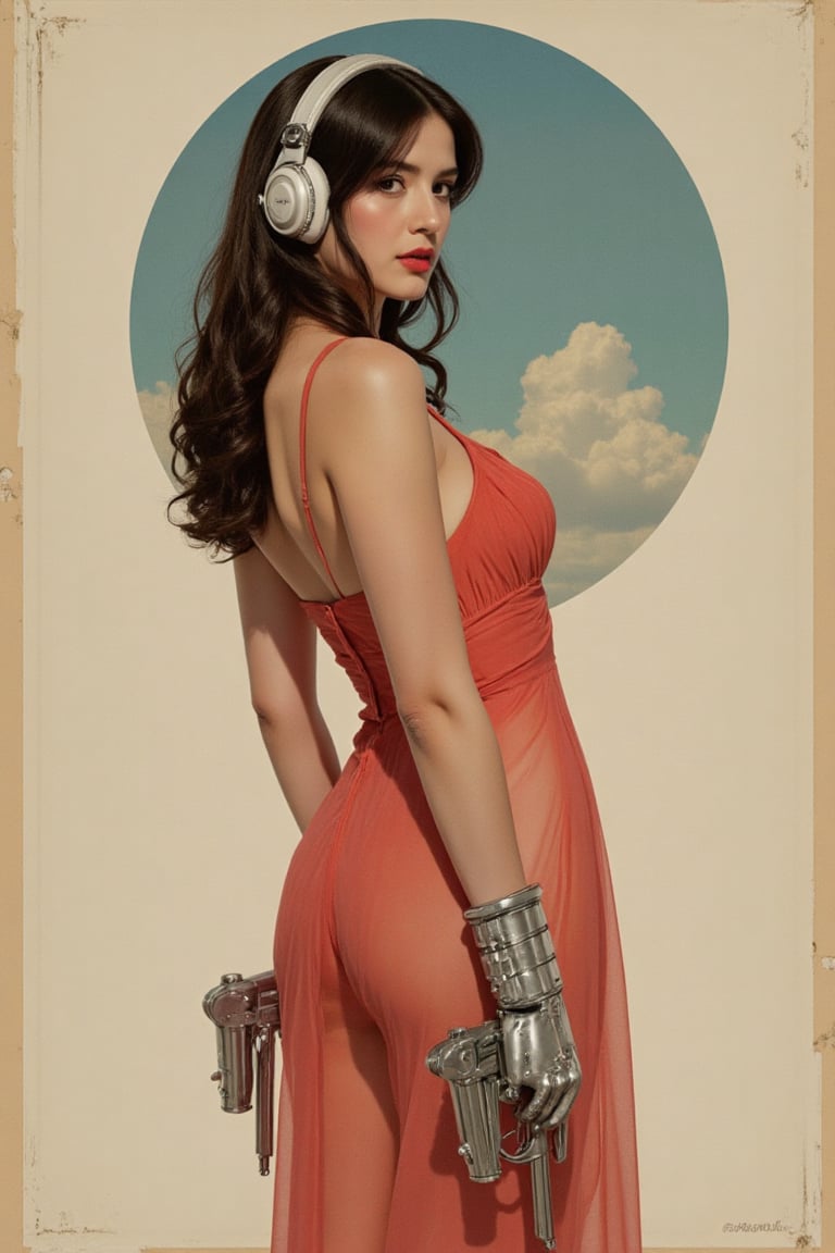 (by Loish, Leyendecker, james gilleard), sideview, perfect anatomy, 1920s pinup girl, cute face, long hair, retro space theme, silver, rivets, blaster pistols, more detail XL,biological