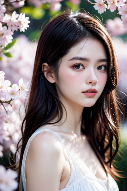 A 16-year-old Japanese beauty,in the sakura flowers.Turn slightly