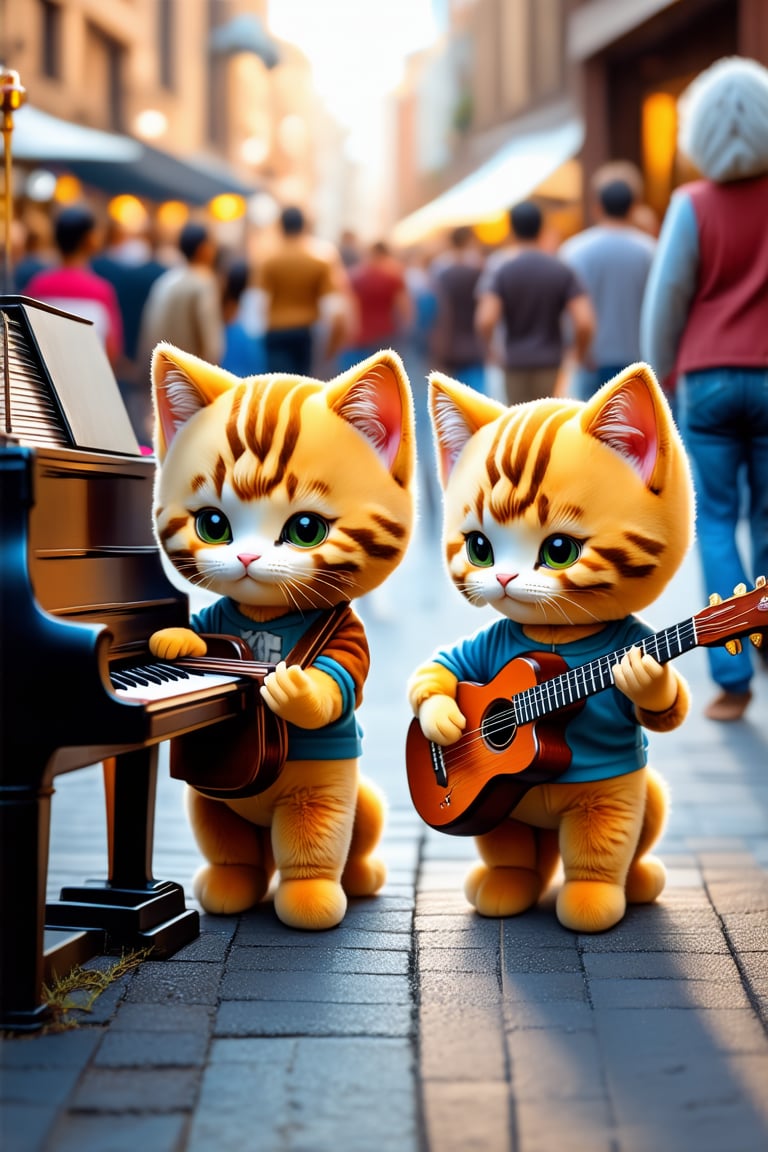 Two kittens, wearing casual clothes,they are playing guitars on a crowded street,one is playing piano,they play the musical instrument as if they were real human, others pass them by,plush doll art,photo by Sony A7R5, shot on 35mm,imitated material --ar 3:4 --s 250