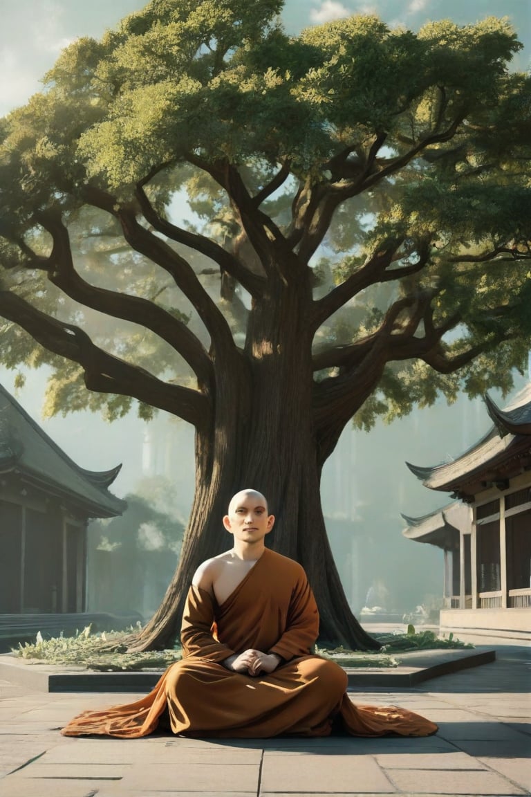 In a futuristic, yet peaceful atmosphere, a serene monk sits cross-legged beneath the majestic Bodhi Tree's sprawling branches in 3555. The gnarled trunk and leafy canopy cast intricate shadows on his tranquil face, as soft morning light filters through the leaves, illuminating his contemplative expression. He ponders the teachings of Buddha amidst the ancient tree's grandeur.