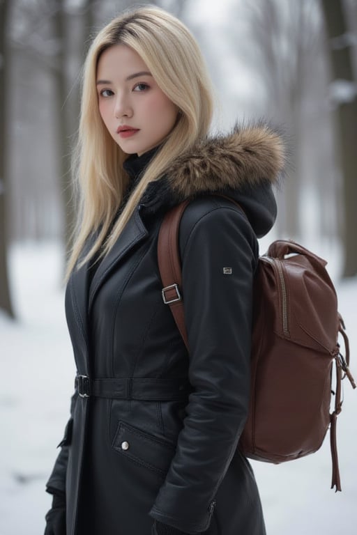 Captured at eye-level, a blonde woman stands in a winter scene, her hair cascades over her shoulders. She is dressed in a black leather jacket, a brown leather backpack, and black gloves. Her coat is adorned with a brown fur hood, adding a touch of warmth to her outfit. The background is blurred, creating a stark contrast to the woman's outfit.