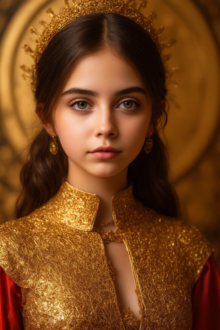 Byzantine style portrait of girl with golden background, sexy outfit, upper body, front view, (Masterpiece, Top Quality, Top Image Quality, Official Art, Aesthetic and Beautiful:1.2), (1girl:1.4), Portrait, Superb Color, Top Definition, Simple background, 16K, High Resolution, Perfect Dynamic Composition, Bokeh, (Sharp Focus:1.2), Super Wide Angle, High Angle, High Color Contrast, Medium Shot, Depth of Field, Background Blur,,itacstl