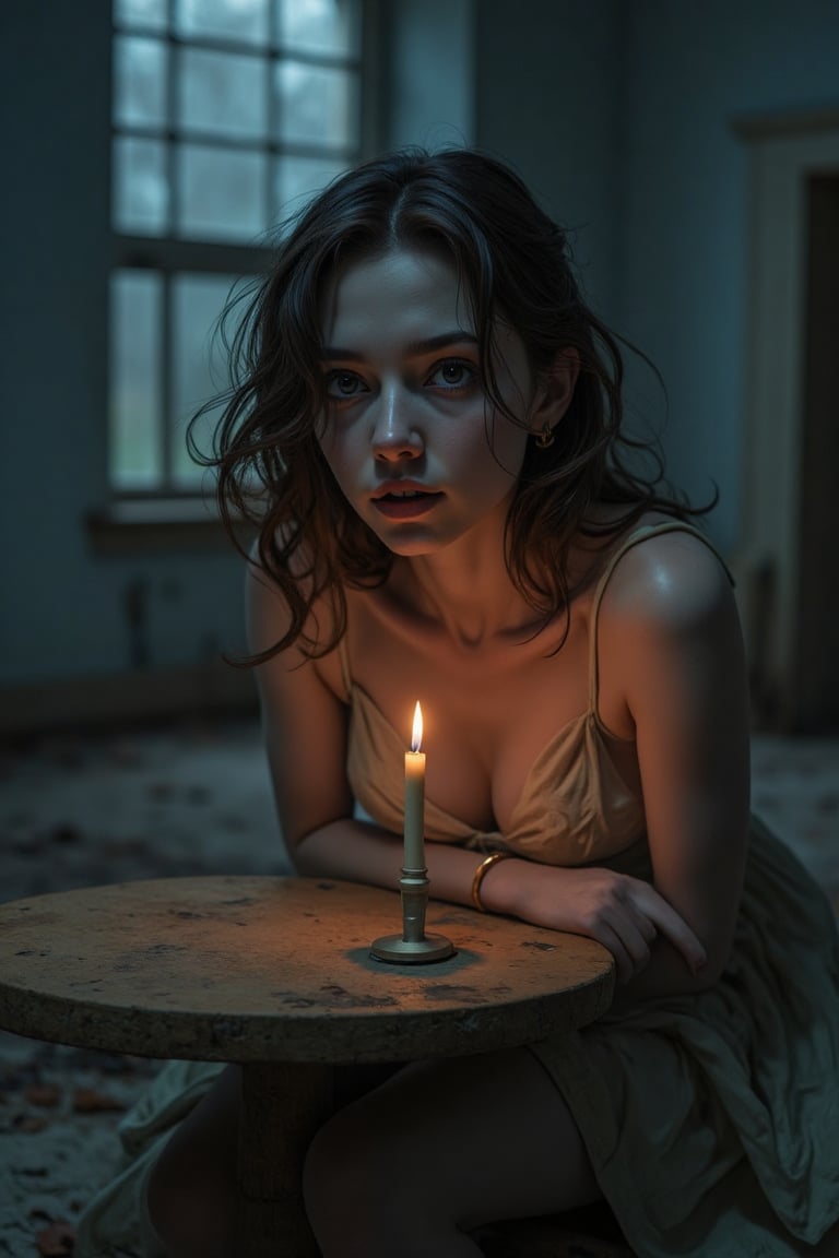 a flickering candle's warm light in a dimly lit abandoned asylum at midnight. Her pale skin takes on an eerie glow as she leans forward, her eyes locked onto something unseen in the shadows, her expression a mix of fear and fascination.