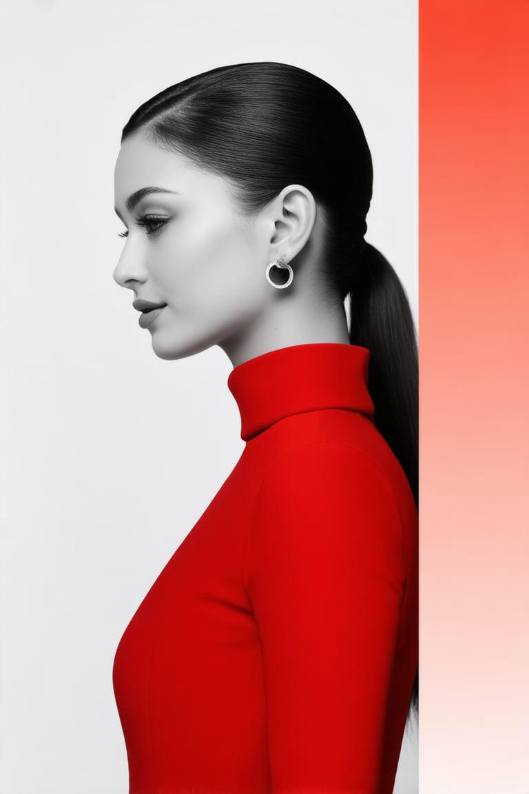 hyperrealistic, a masterpiece, A side profile of a young woman dressed in a vibrant red dress. The dress has a high neck and long sleeves. The woman has a sleek hairstyle, with her hair pulled back into a tight ponytail. She is wearing large, round earrings. On the right side of the image, there's a vertical color gradient bar that transitions from a light shade at the top to a deeper shade at the bottom.